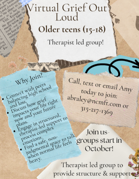 A flyer for a therapist-led virtual grief support group for older teens aged 15-18, starting in October.