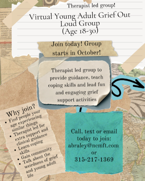 A flyer for a Virtual Young Adult Grief Out Loud Group for ages 18-30, starting in October.