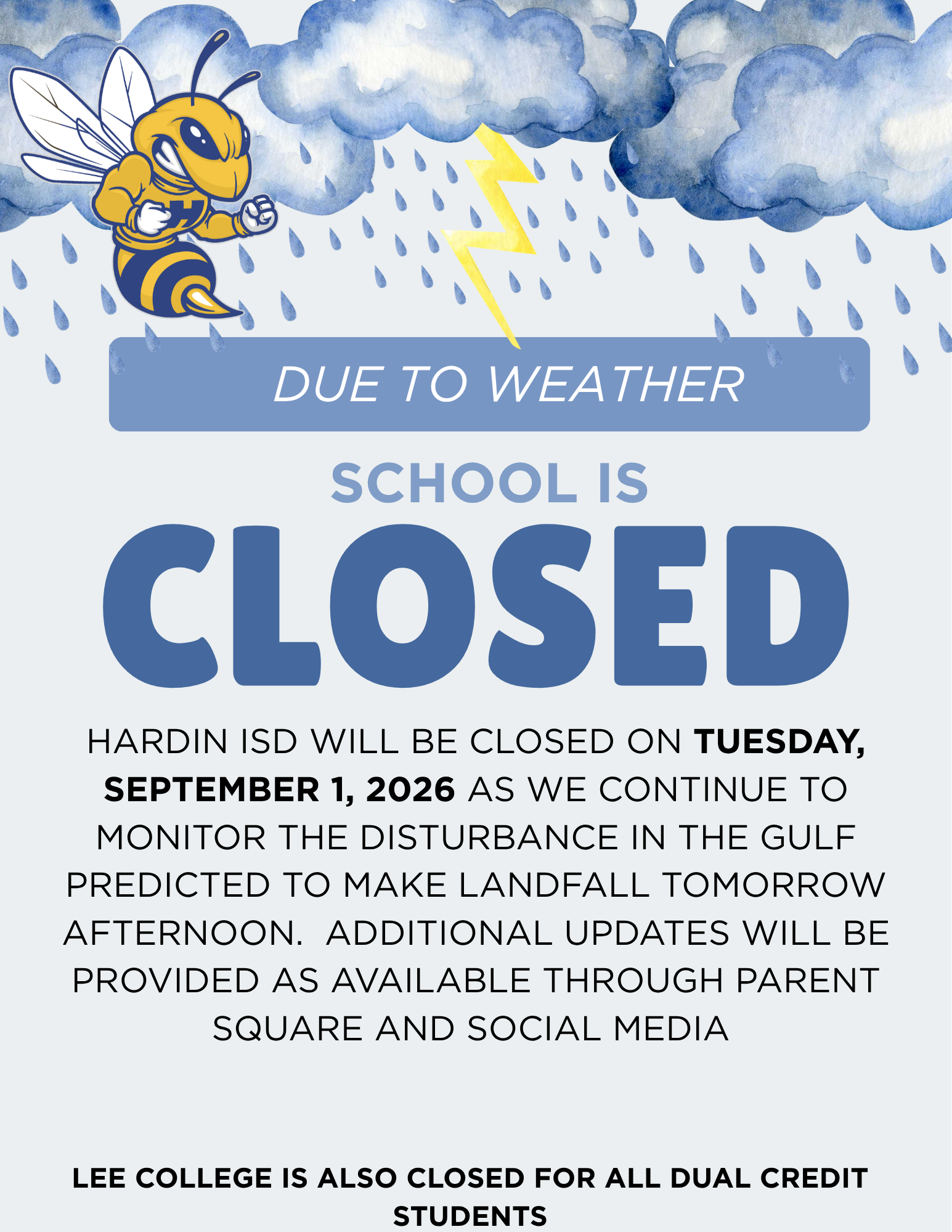 School Closure Tuesday September 1, 2026