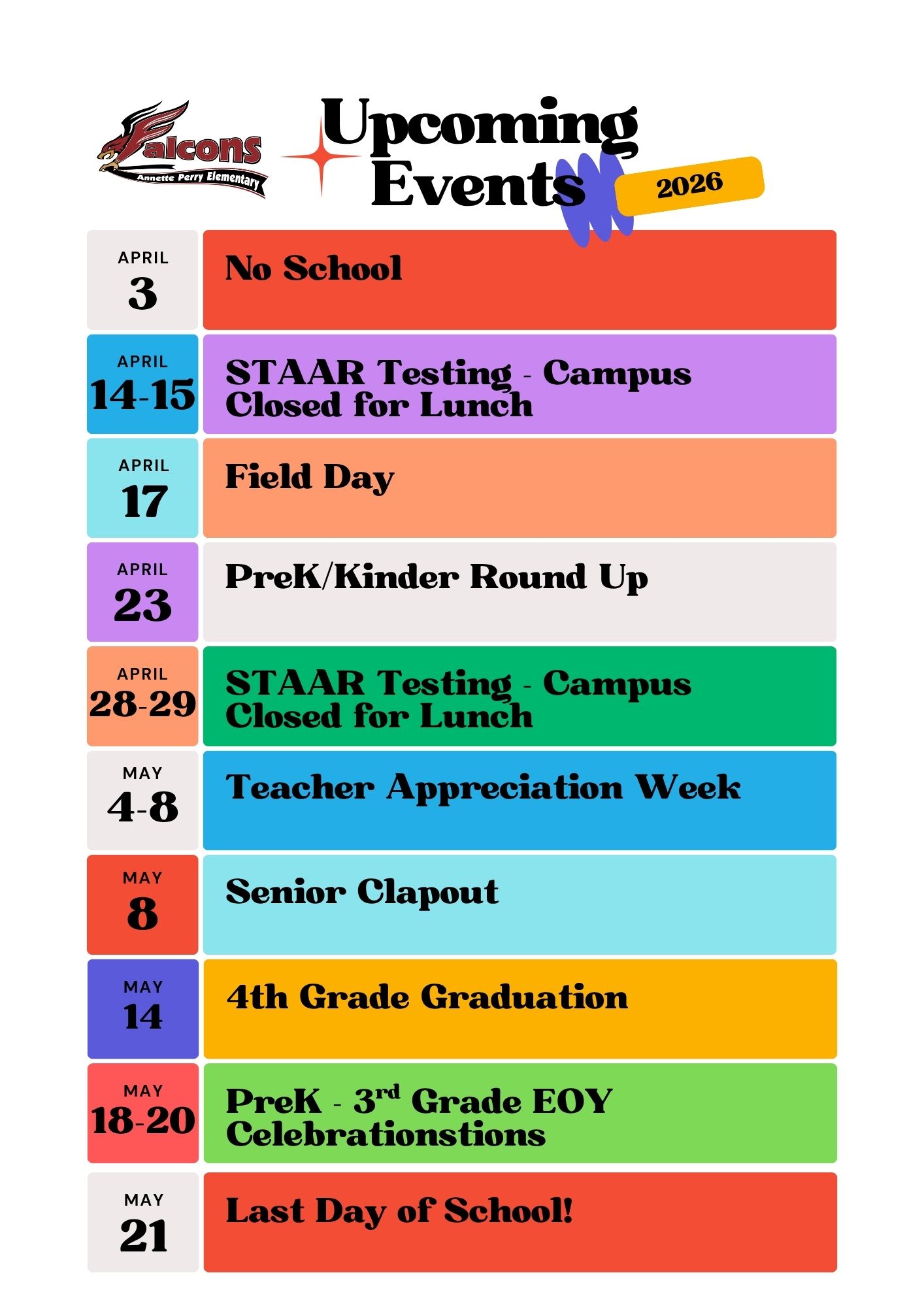 Annette Perry Elementary's upcoming events calendar for 2026