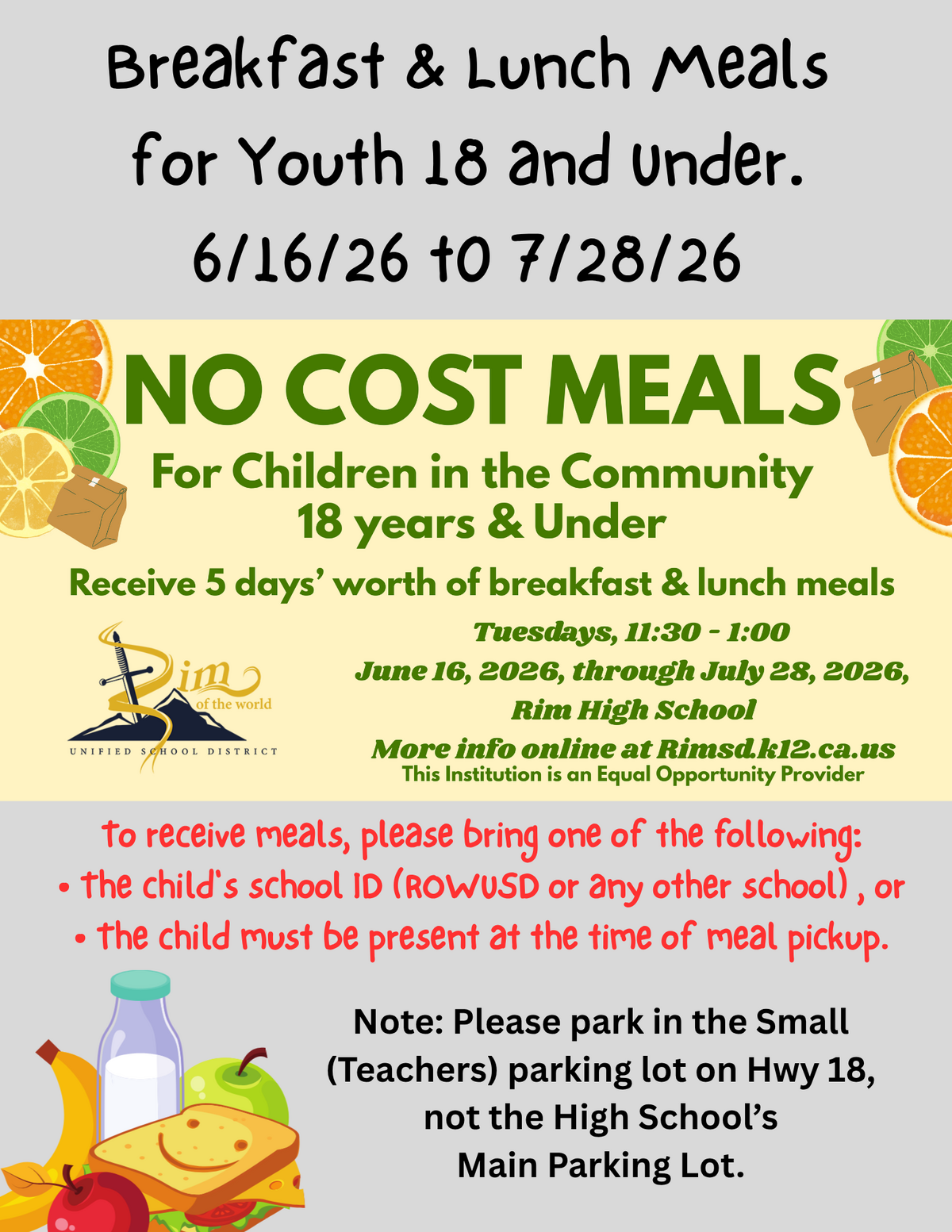 Summer NO COST Meals: Open to ALL Children in Mountain Communities 18 YEARS & UNDER