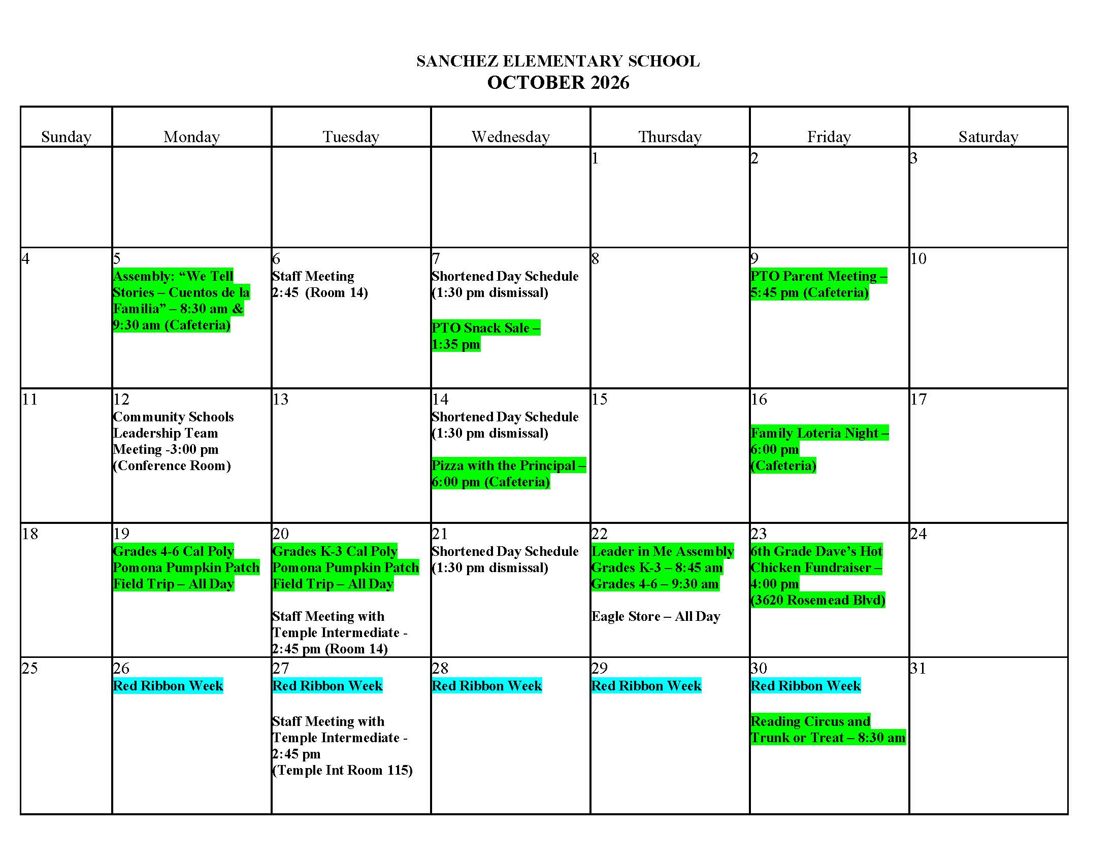 October Calendar for Sanchez Elementary