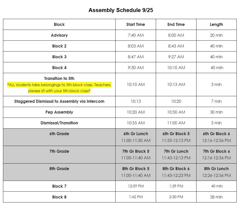 Friday Pep Assembly Schedule Change