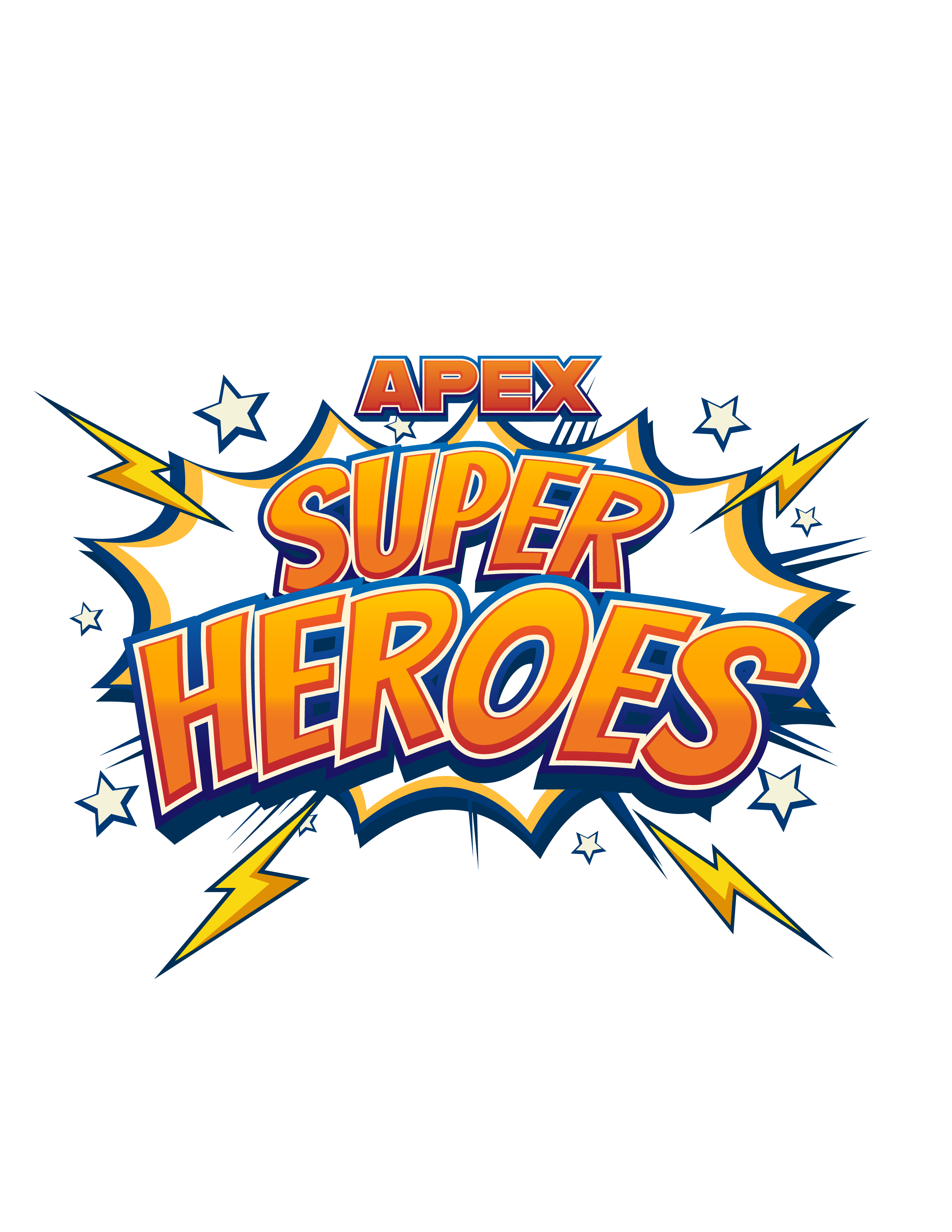 A comic book style logo reading 'APEX SUPER HEROES' with lightning bolts and stars.