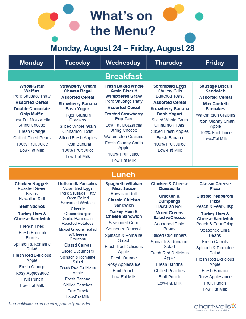 K8 Weekly & Daily Breakfast & Lunch Menus for Aug. 24 - 28