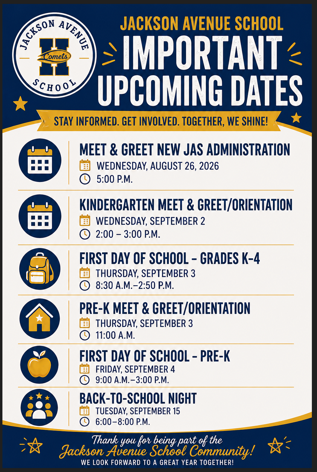 Important Upcoming Dates for the Jackson Avenue School Learning Community
