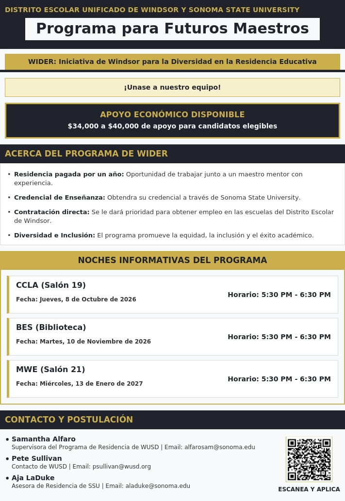 An informational flyer in Spanish detailing the "Programa para Futuros Maestros" by Windsor Unified School District and Sonoma State University.