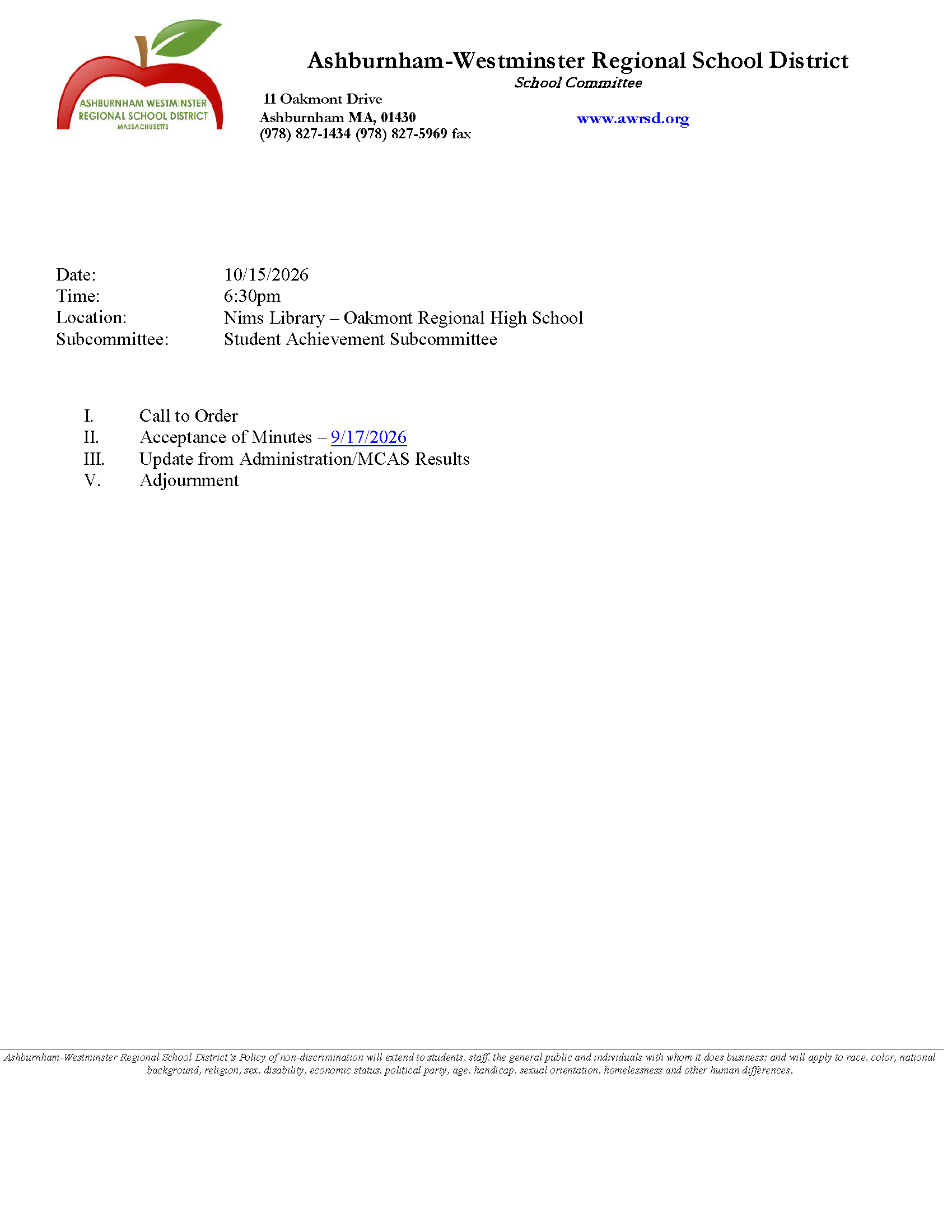 Student Achievement Subcommittee Meeting - 10/15/2026