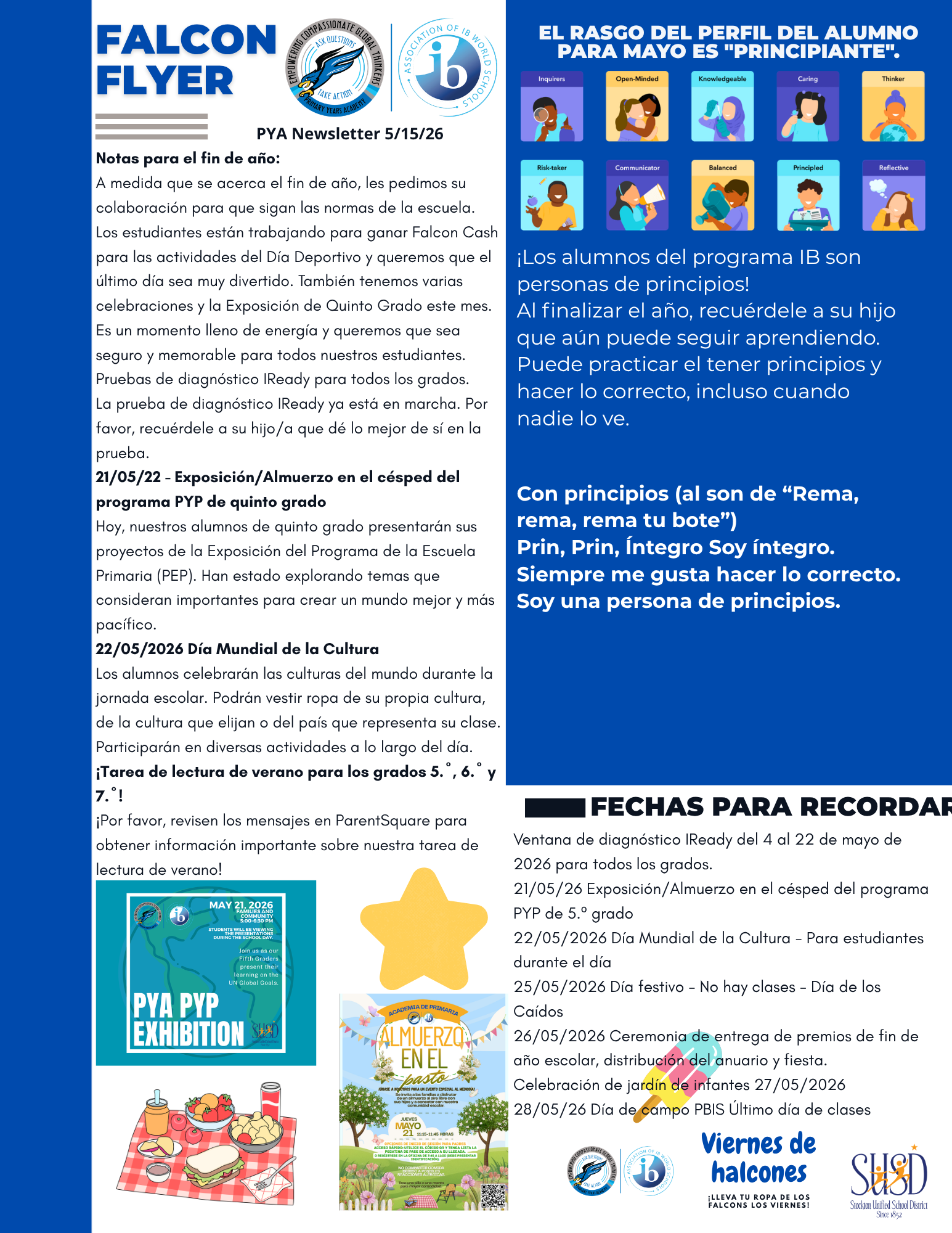 A newsletter titled 'FALCON FLYER' with school announcements and event dates.