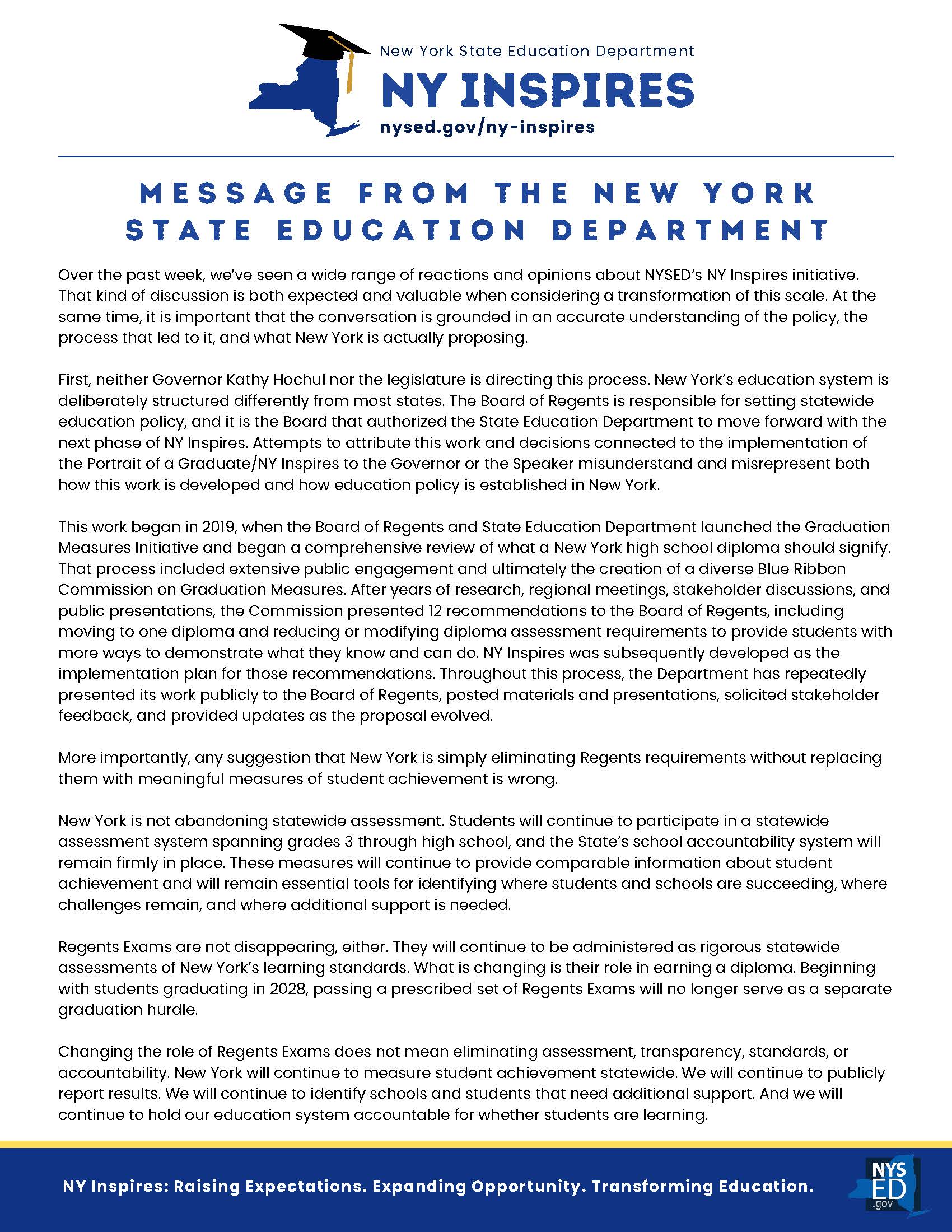 A MESSAGE FROM THE NYS EDUCATION DEPT 
