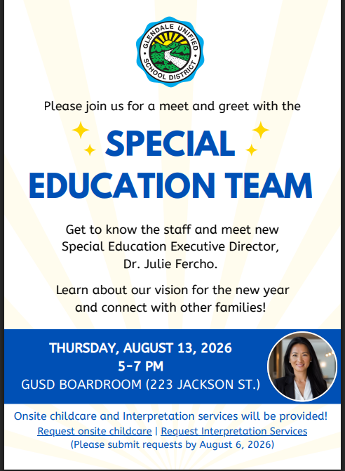 GUSD Special Education Family Meet & Greet on Thursday, August 13, from 5:00–7:00 p.m.
