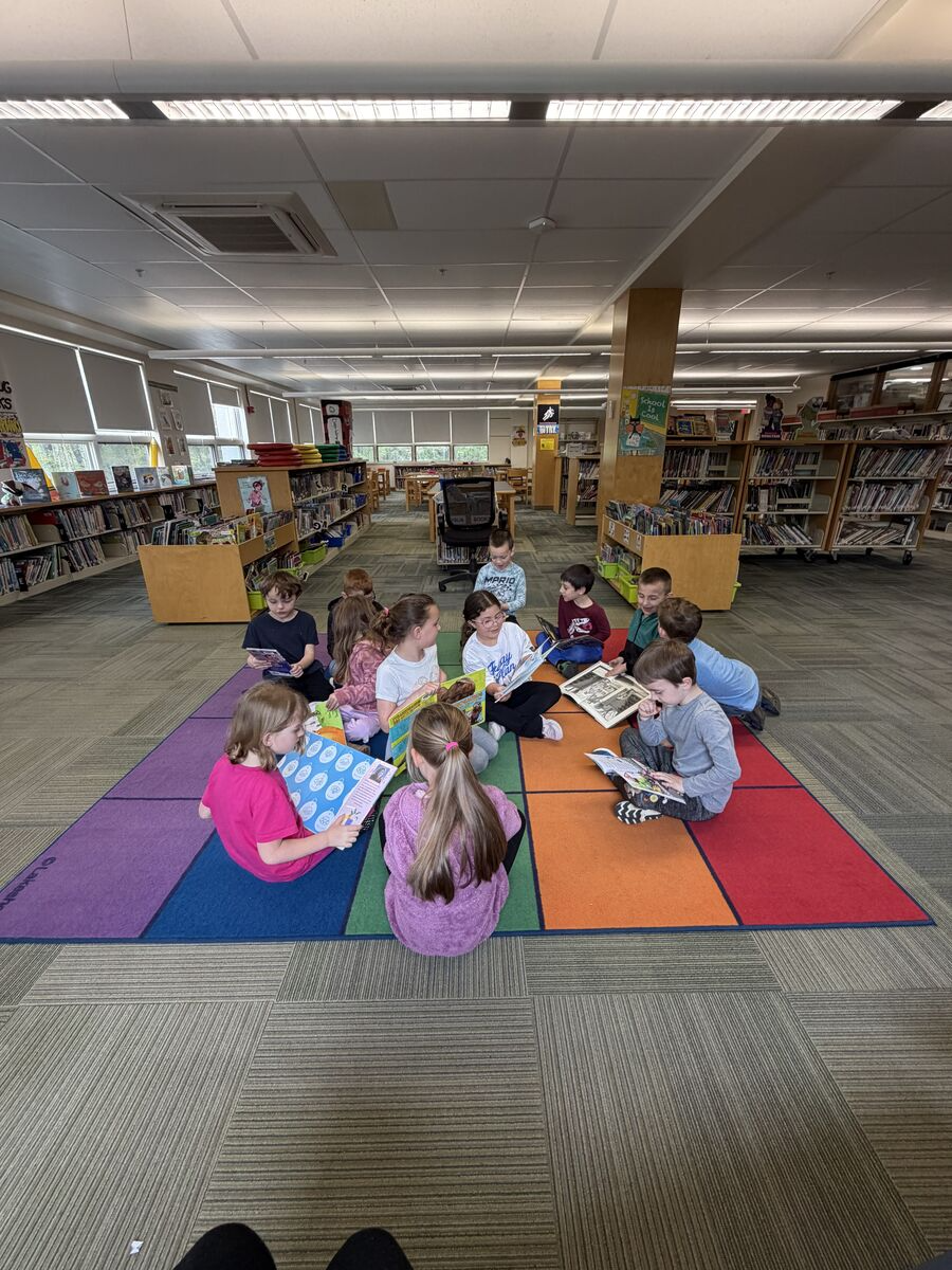 Children sit in a circle on a colorful rug in a library, reading books.