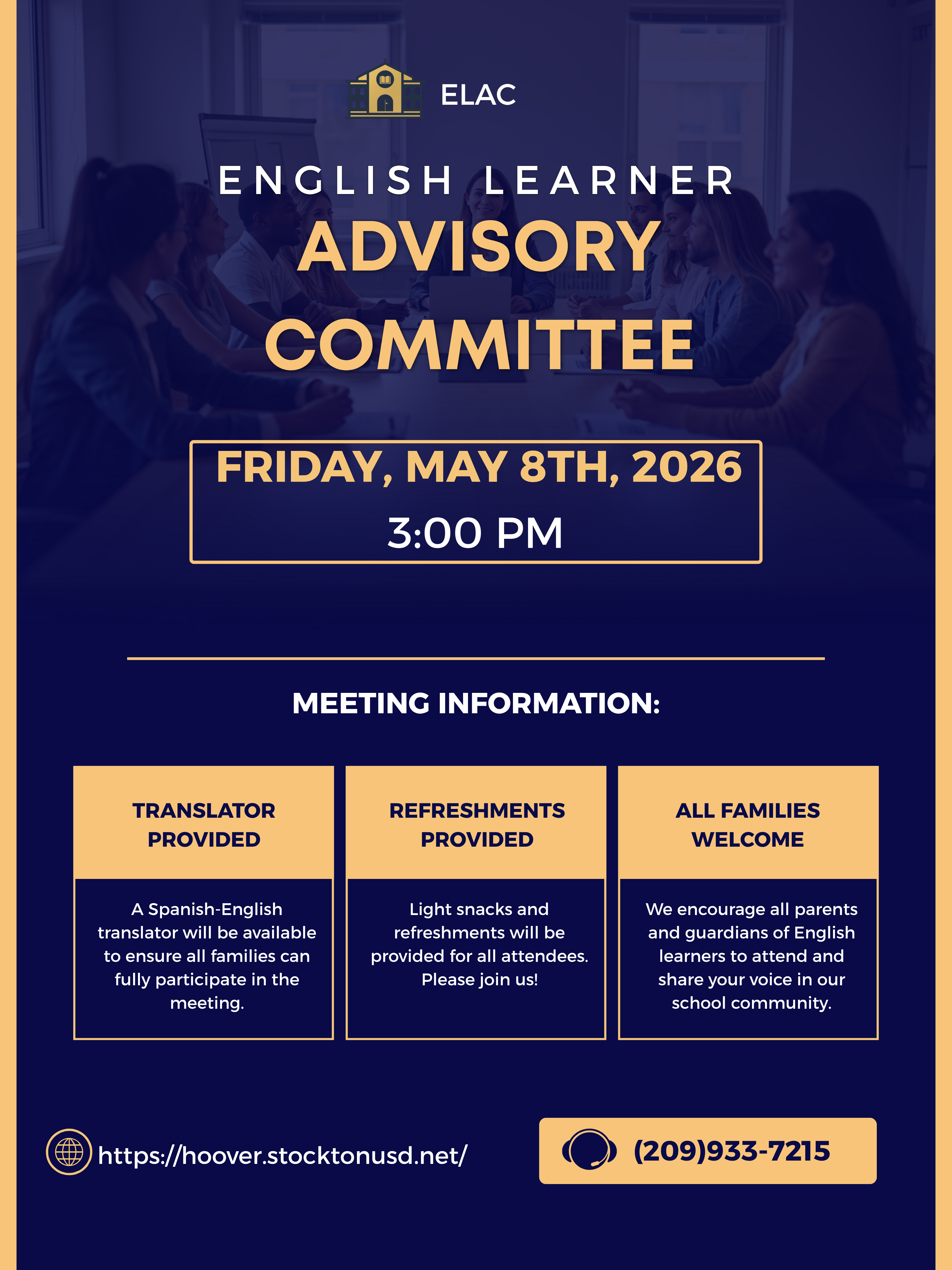 An invitation to the English Learner Advisory Committee meeting on Friday, May 8th, 2026 at 3:00 PM.