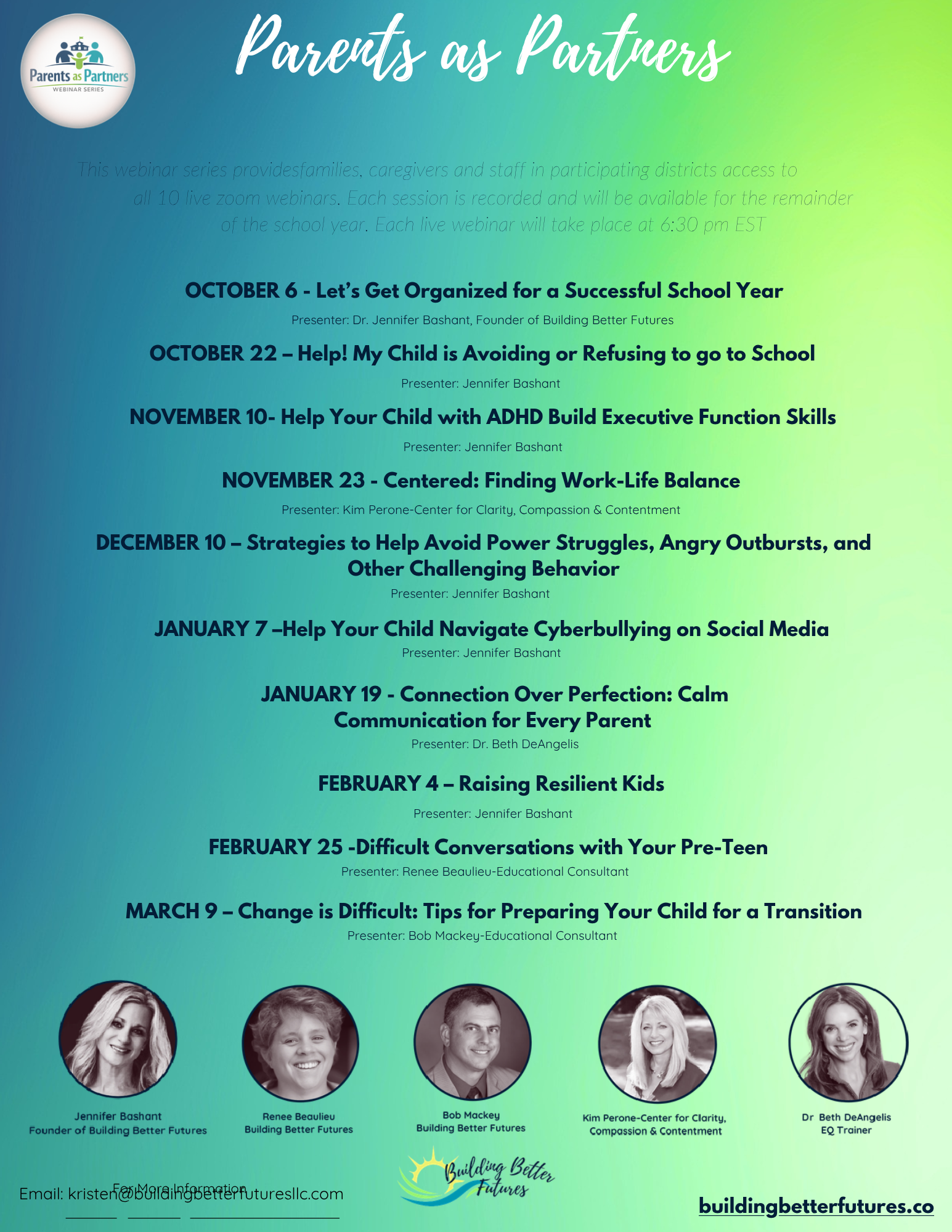 A schedule of the Parents as Partners webinar series, listing session dates, topics, and presenters from October to March.