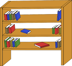 A wooden bookshelf with three shelves holds various colorful books.