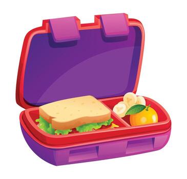 An open purple and red lunchbox filled with a sandwich, banana slices, and an orange.