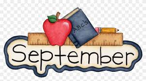 A red apple, a book labeled 'ABC's', a pencil, and a ruler rest on a decorative banner that reads 'September'.