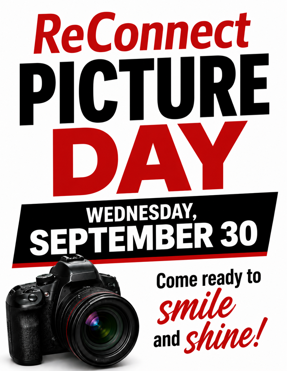 A promotional poster for ReConnect Picture Day on Wednesday, September 30, featuring a camera in the corner.