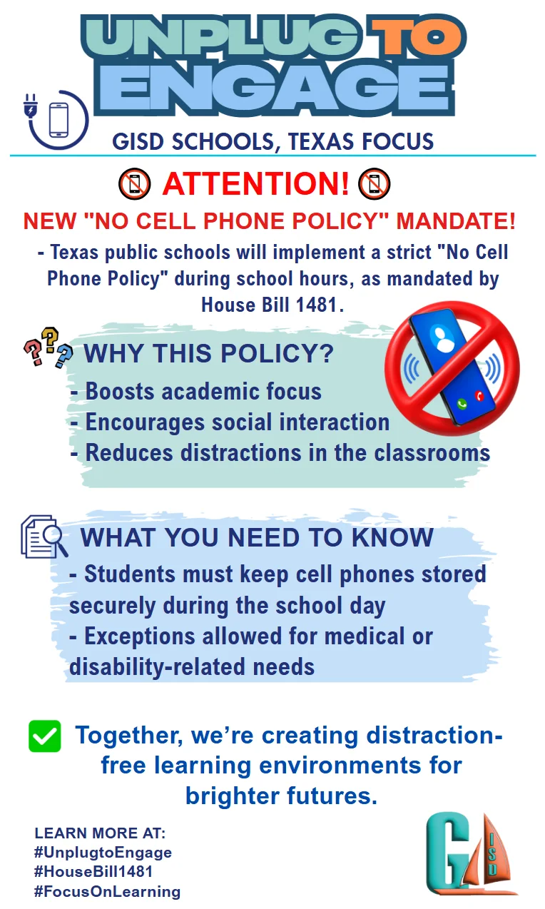 Infographic announcing GISD Schools' new "No Cell Phone Policy" mandate for Texas public schools, effective under House Bill 1481.