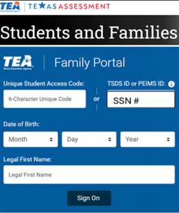 Texas Education Agency (TEA) Family Portal login screen for students and families.