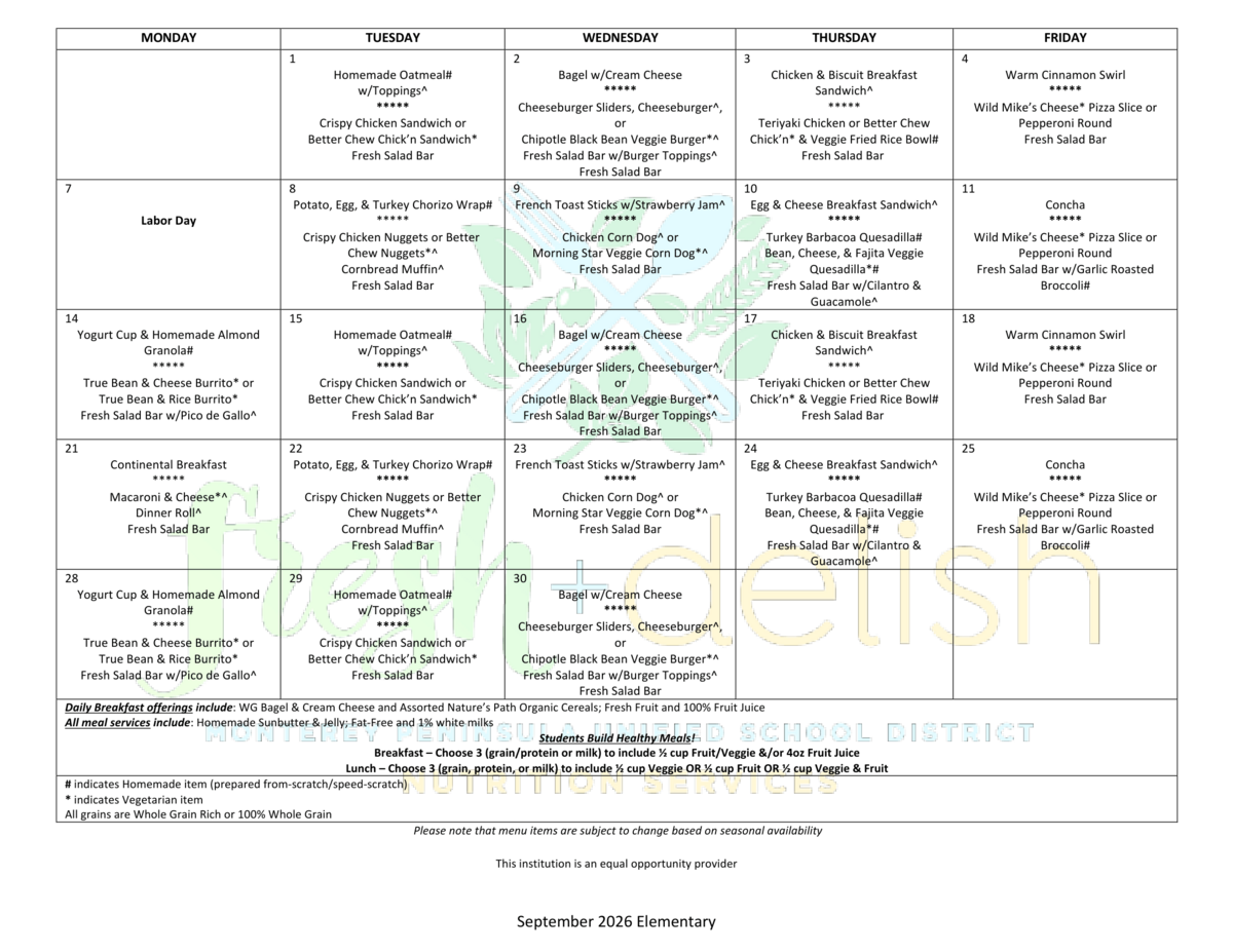 September Lunch Menu