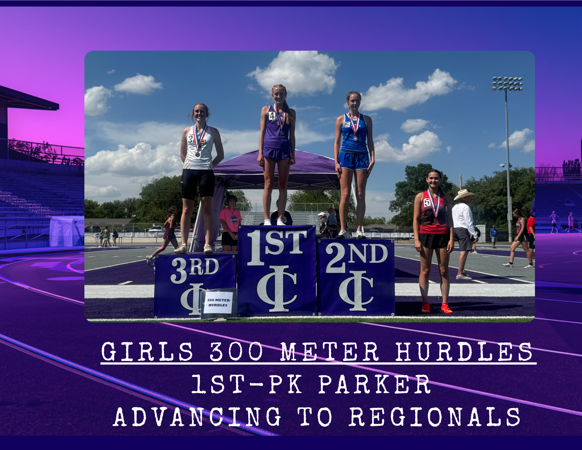 Three female athletes stand on a podium, receiving medals for the Girls 300 Meter Hurdles.