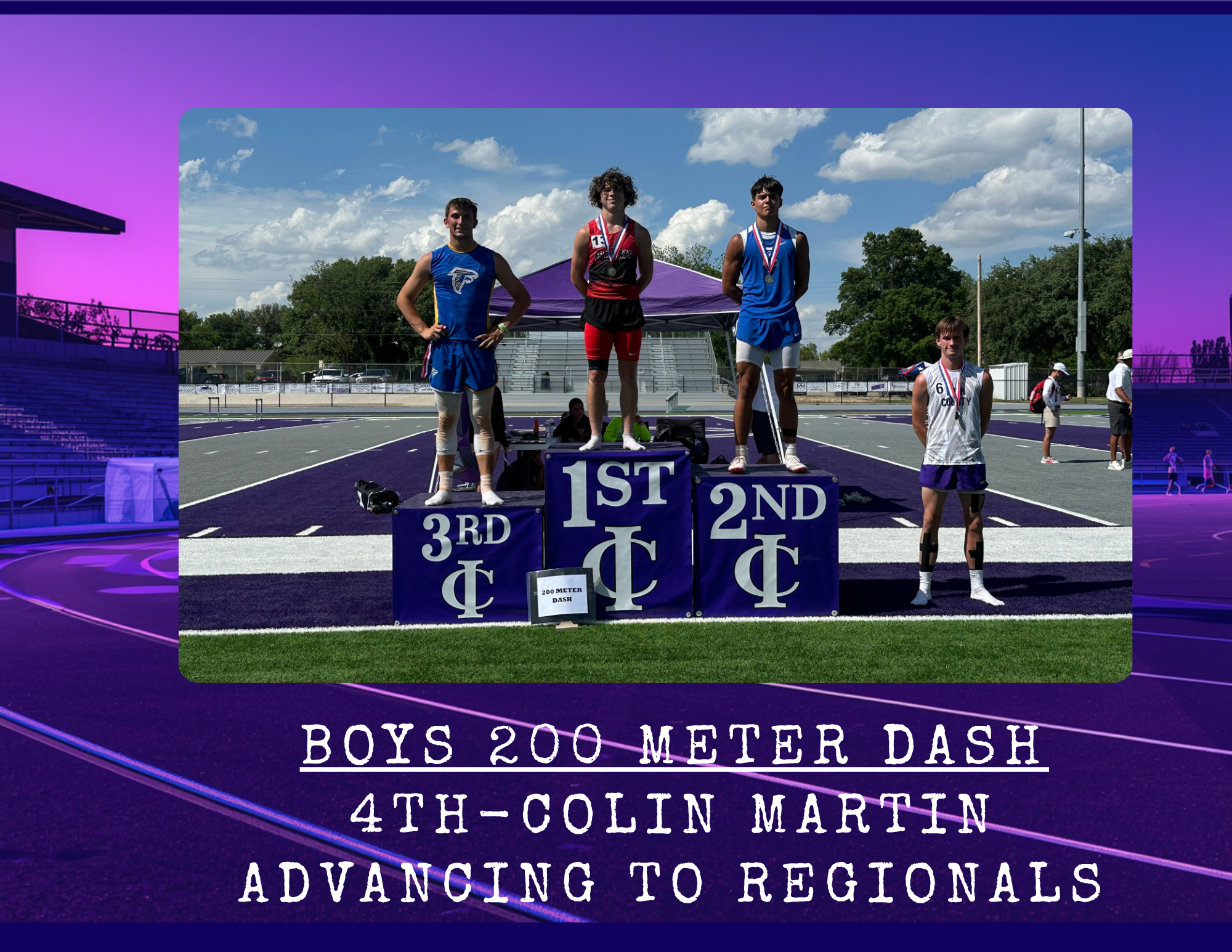 Three young male athletes stand on a podium after the Boys 200 Meter Dash, with first, second, and third place winners.