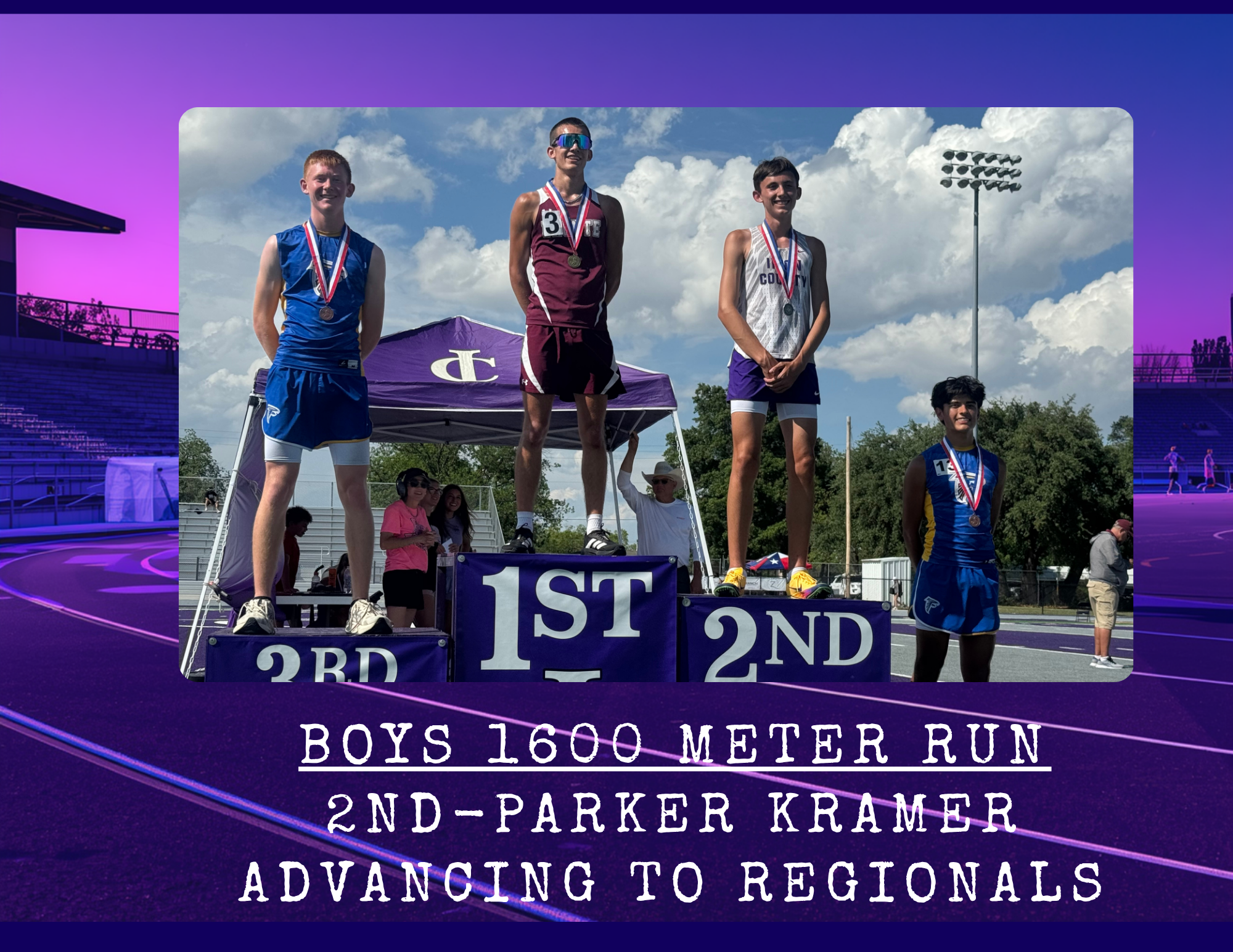 Three young male athletes stand on a podium, receiving medals after a 1600 meter run.
