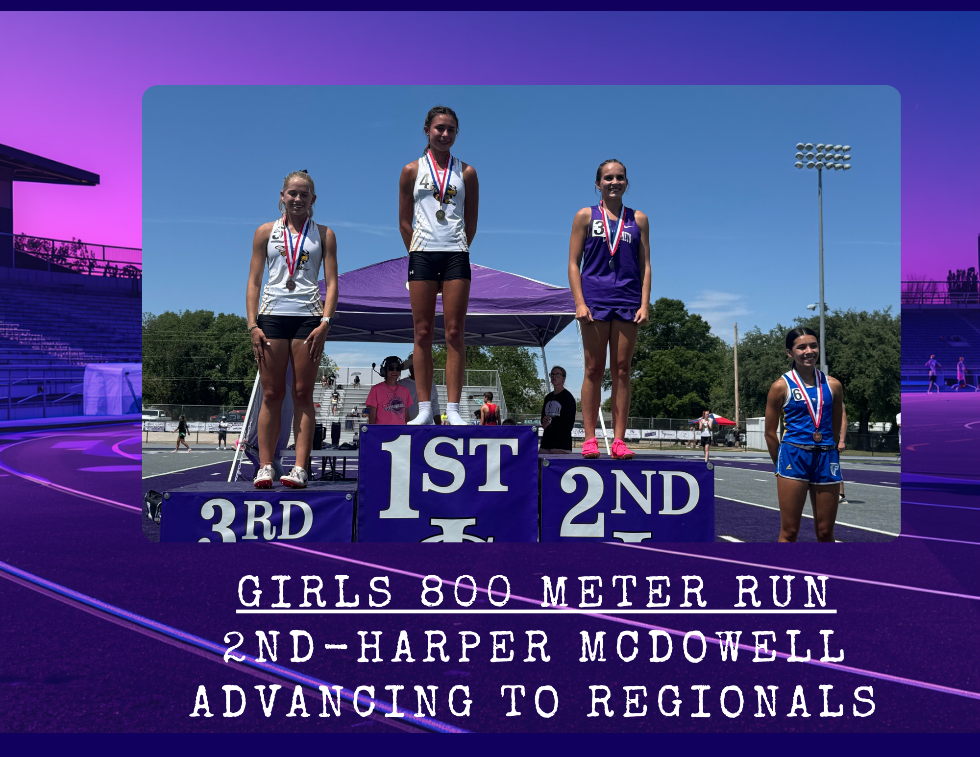 Three female athletes stand on a podium, receiving medals for the Girls 800 Meter Run.