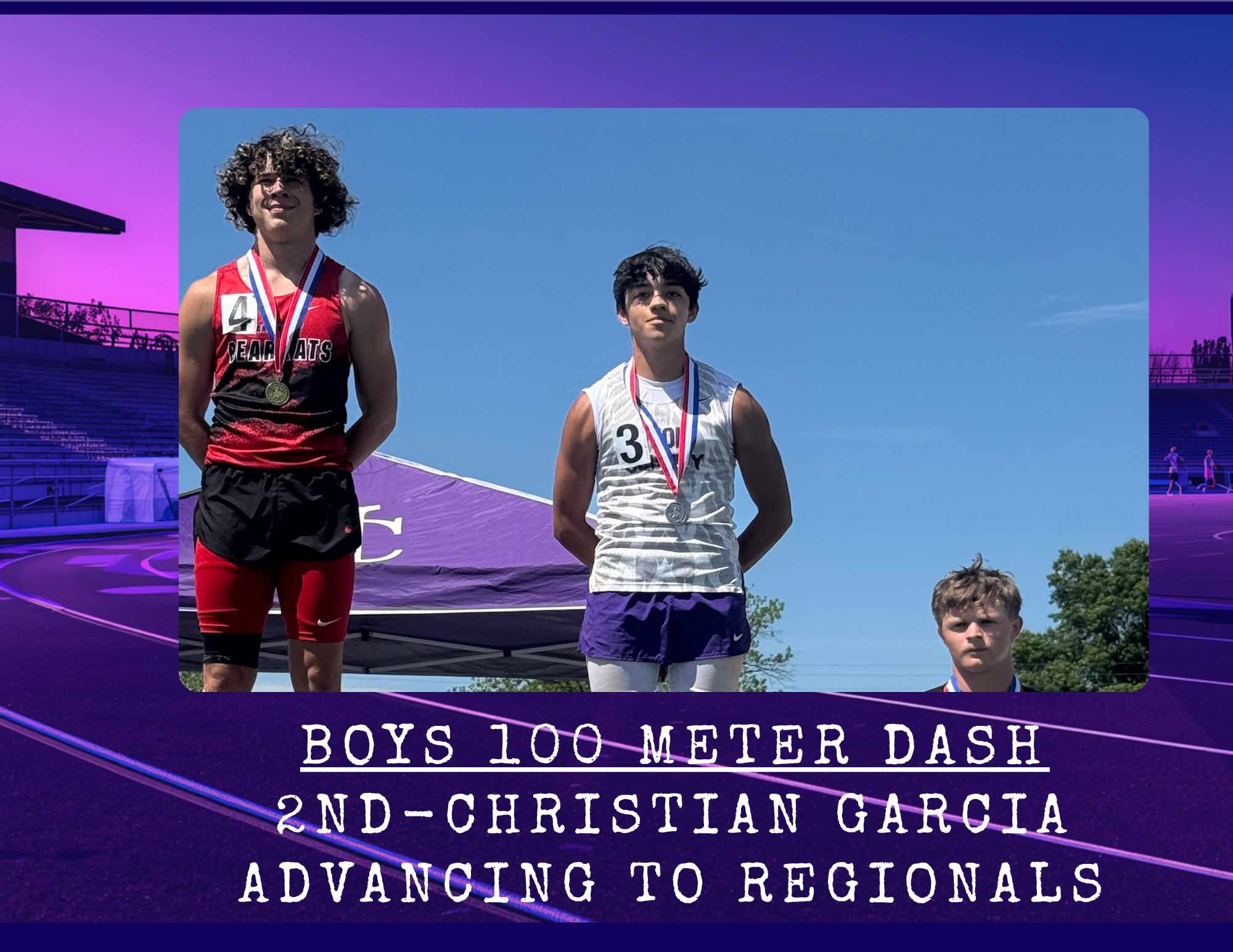 Three young male athletes stand on a podium, wearing medals after a track race.