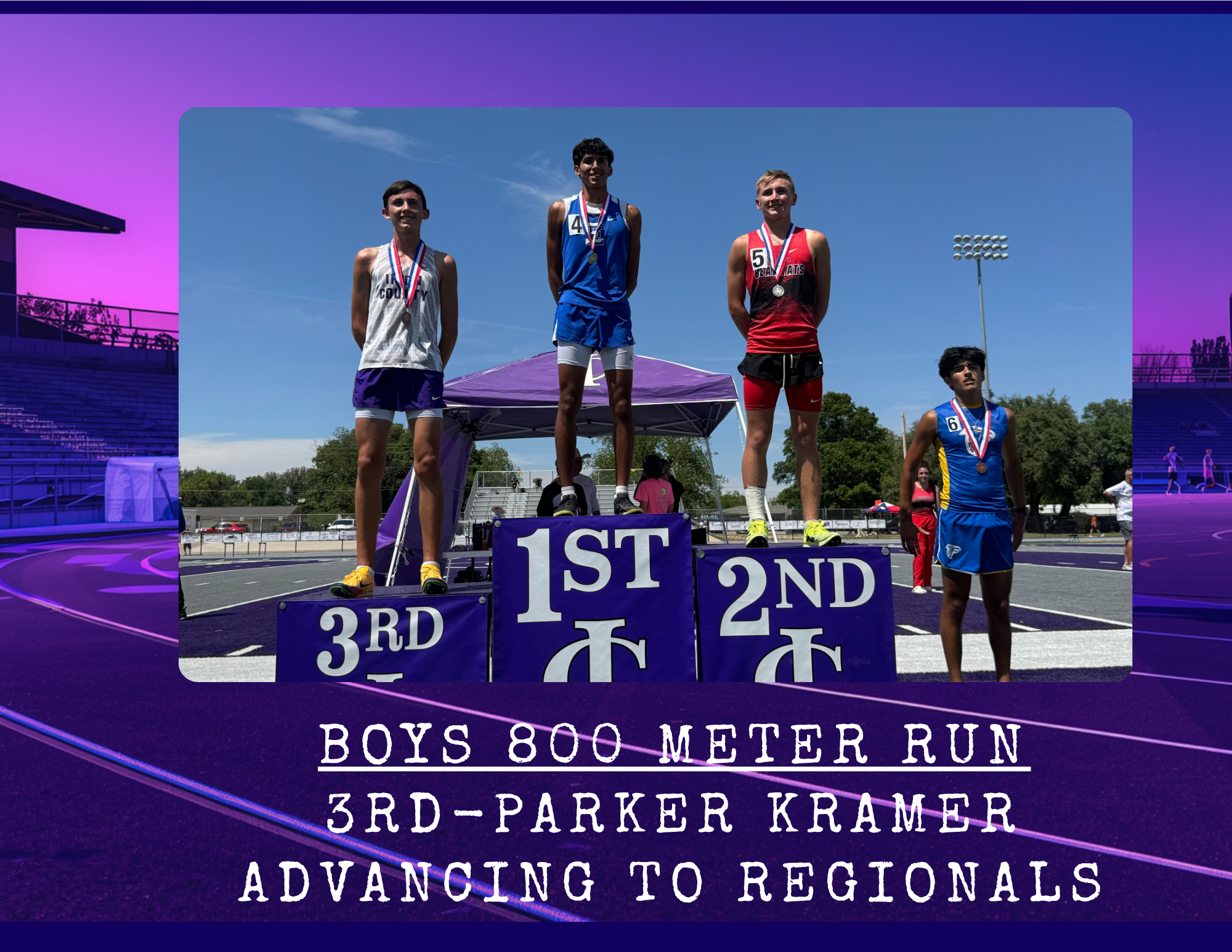 Three young male athletes stand on a podium, receiving medals for the Boys 800 Meter Run.