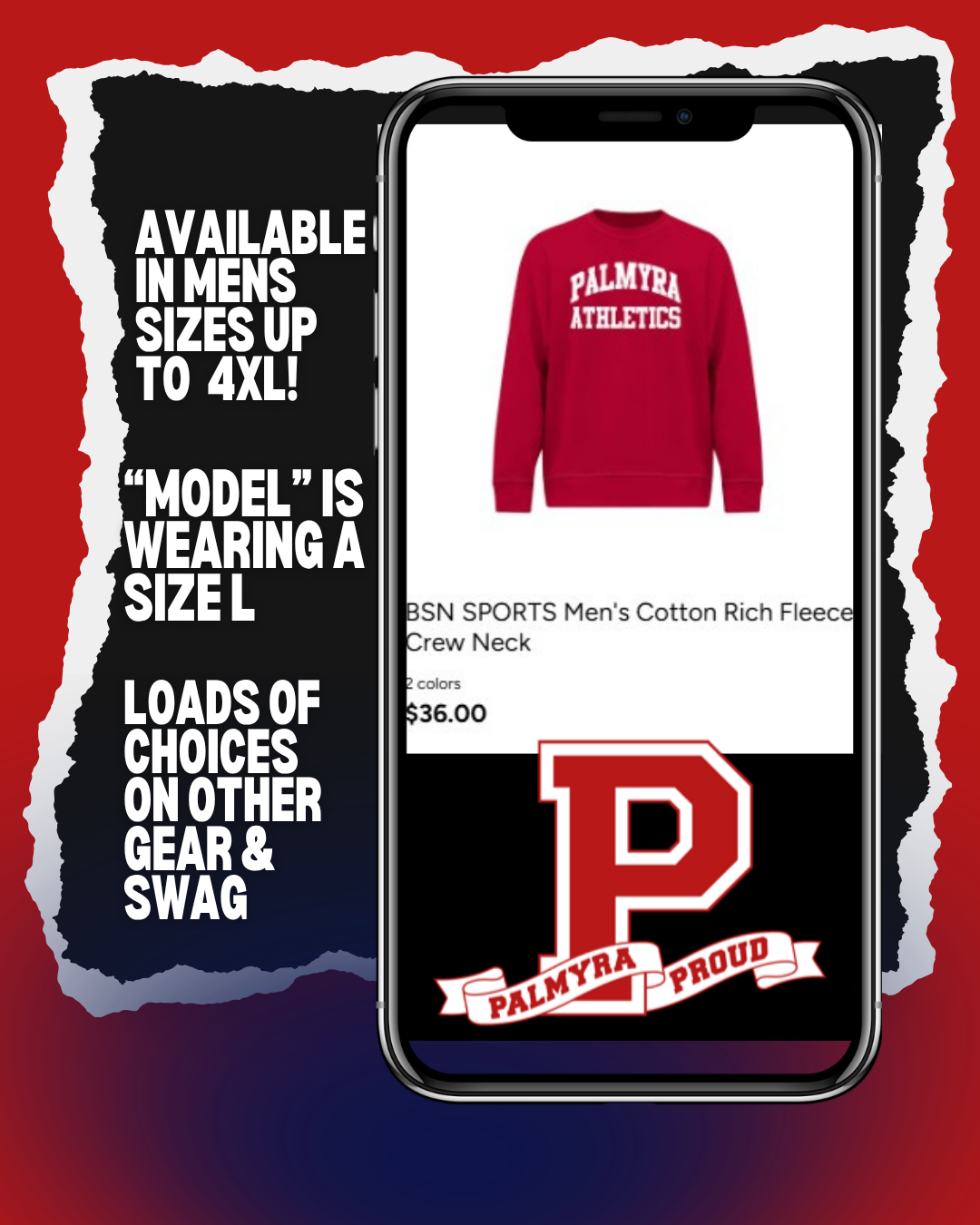 A smartphone displays a website featuring a red sweatshirt with 'PALMYRA ATHLETICS' and a large 'P' logo with 'PALMYRA PROUD' banner.