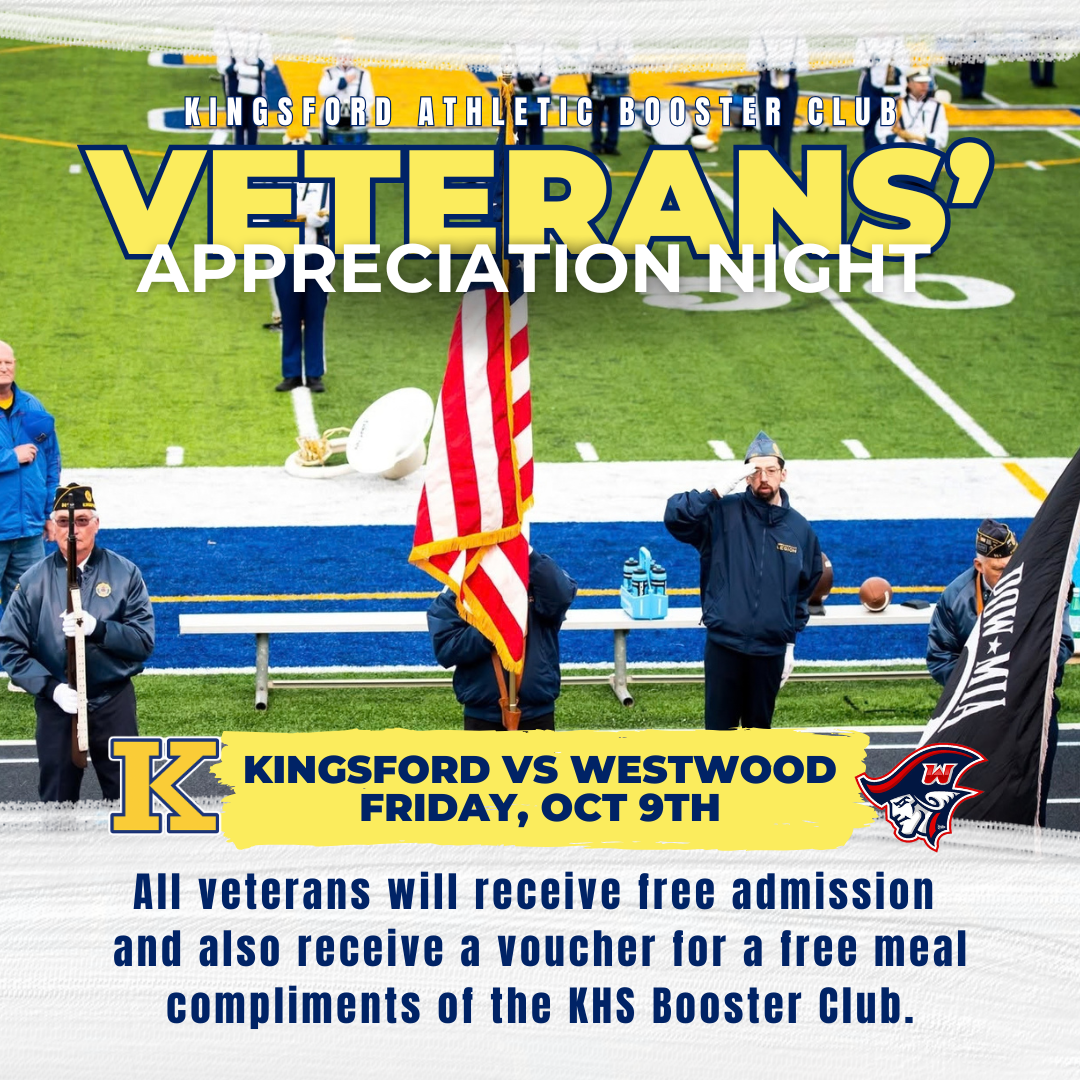 Join us for Veterans Night at Kingsford’s home football game on Friday, October 9!