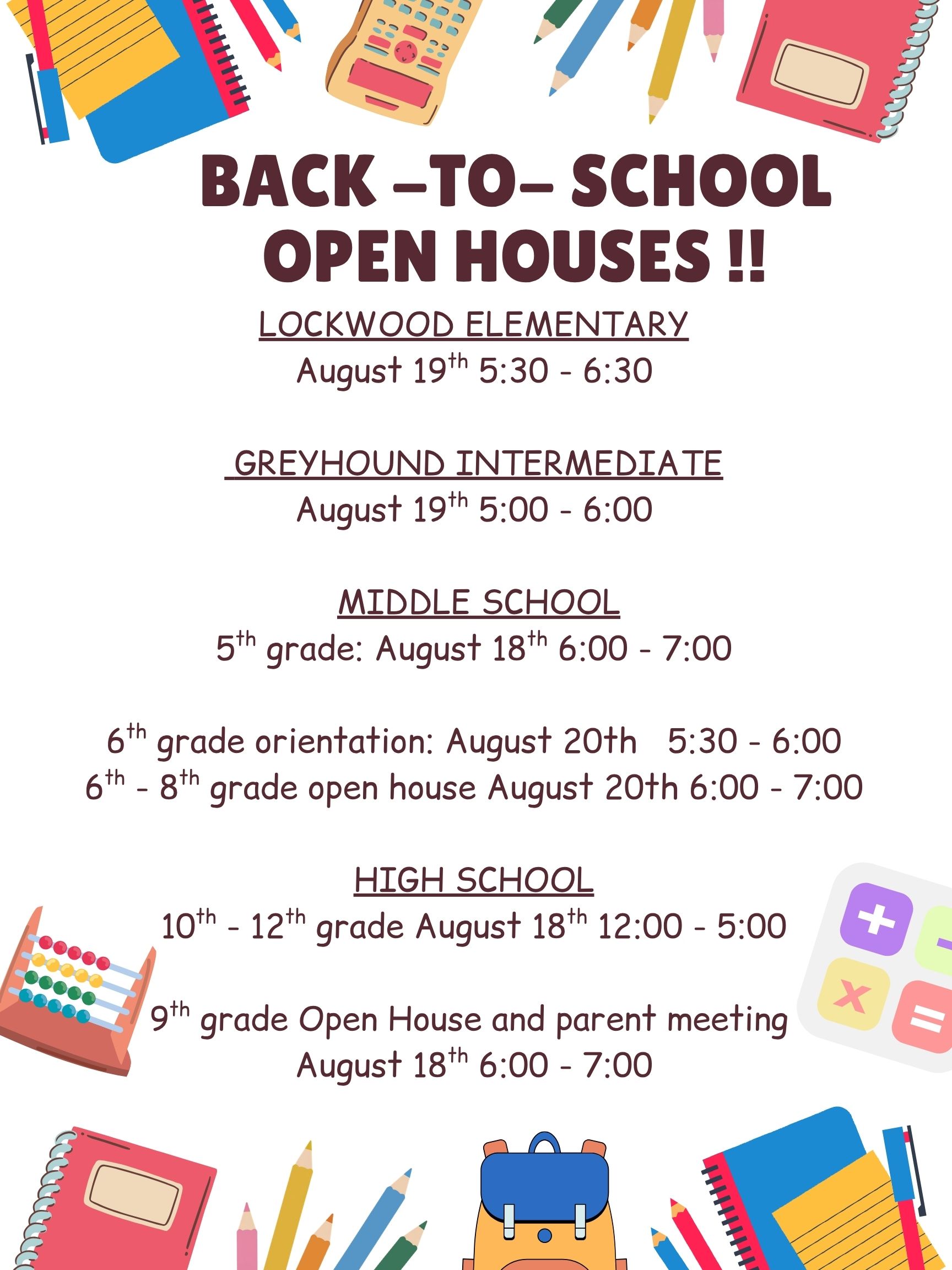 Open House Reminder - NOTE:  Middle School Changes