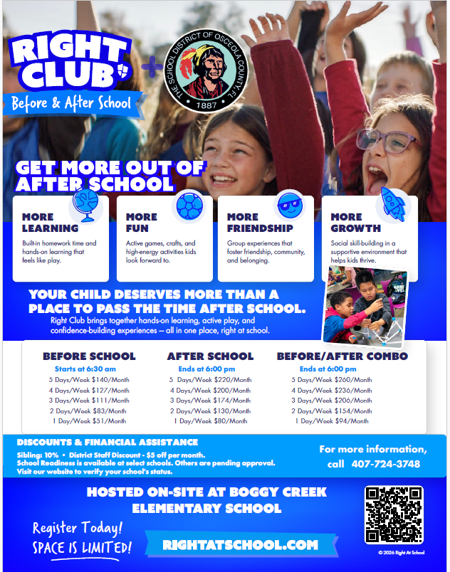 Right Club Before & After School will be offered at Boggy Creek Elementary for the 2026–2027 school year!