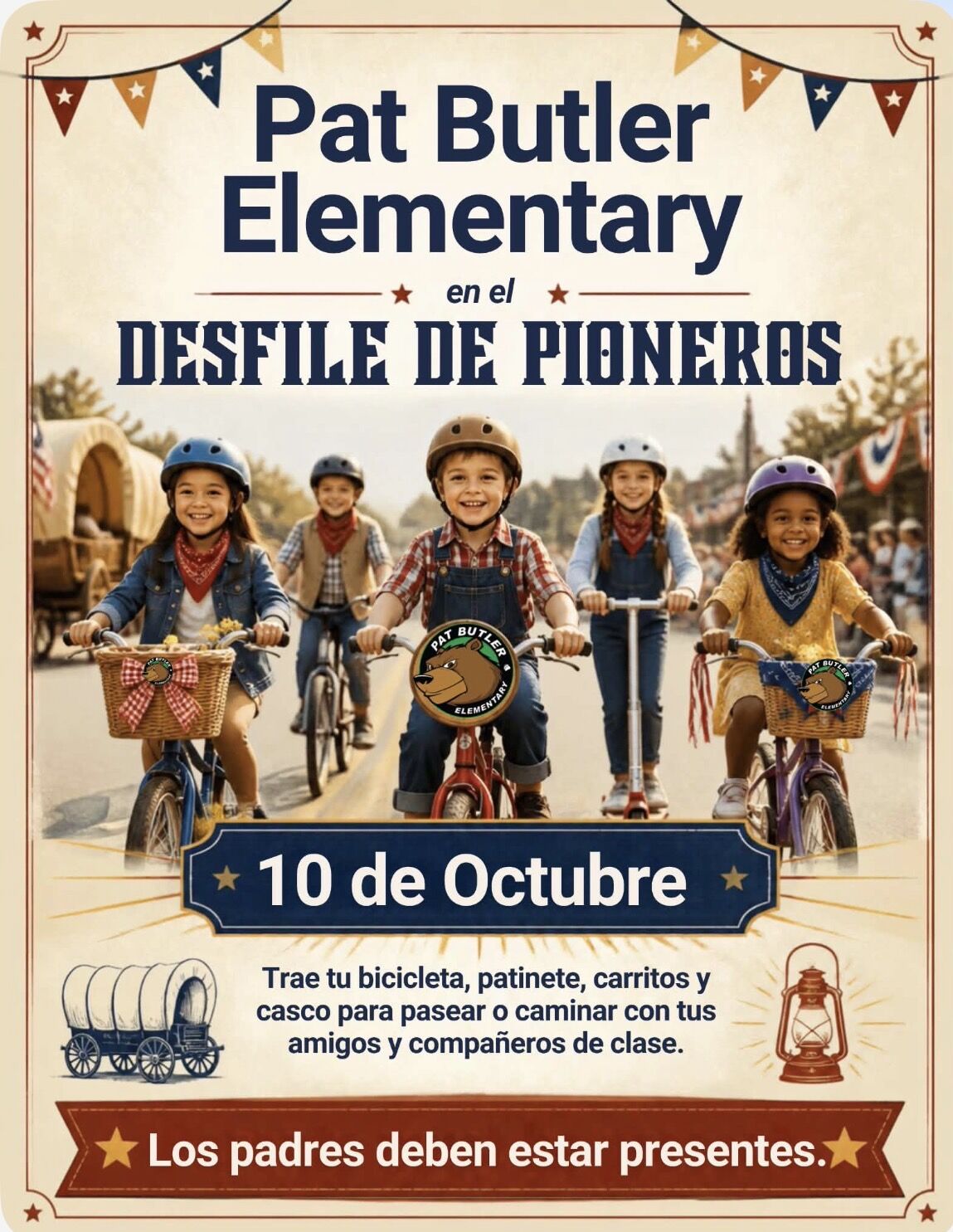 A poster for Pat Butler Elementary announces the Pioneer Parade on October 10th, featuring smiling children on bikes and scooters.