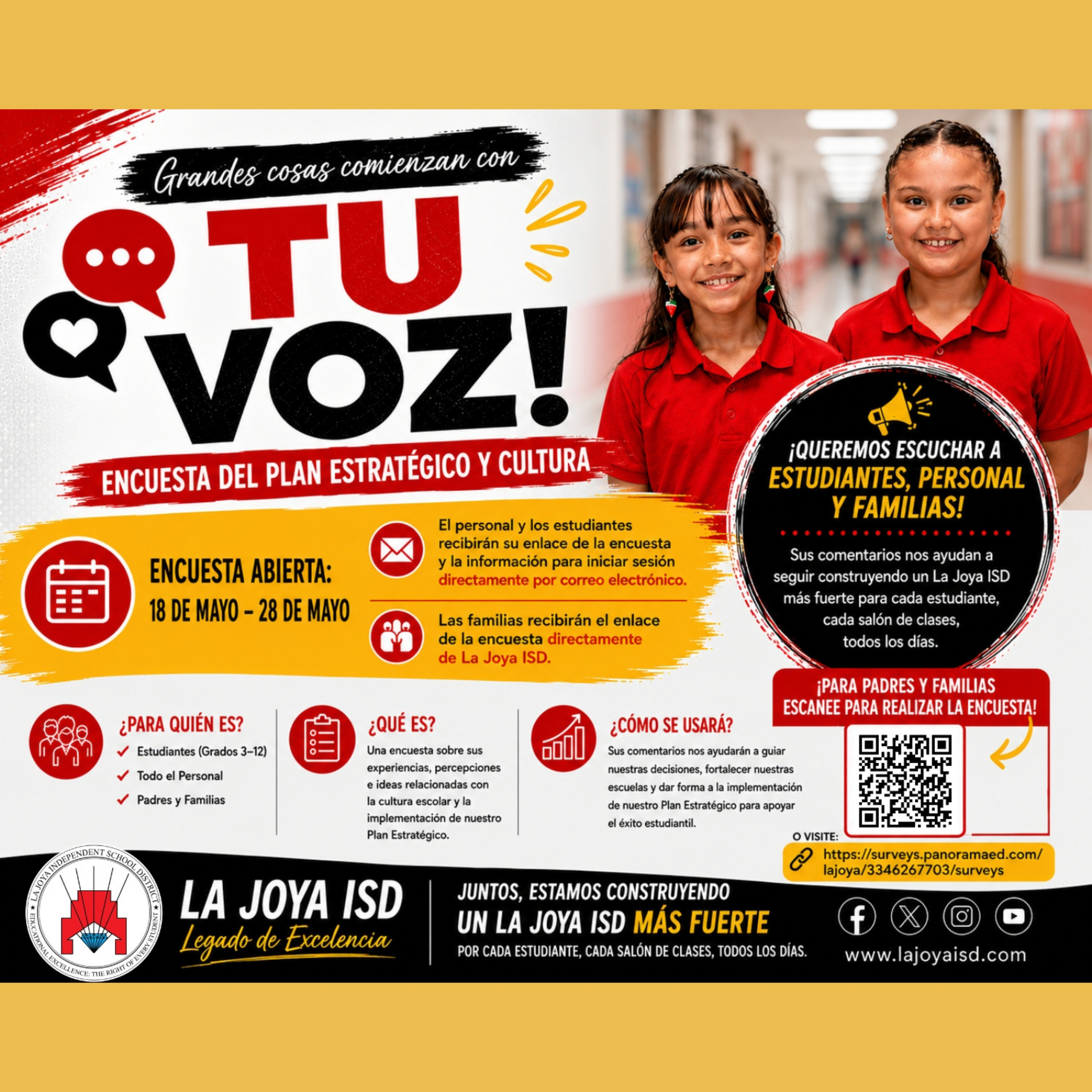 Two smiling students in red shirts stand in a school hallway, promoting a strategic plan and culture survey for La Joya ISD.