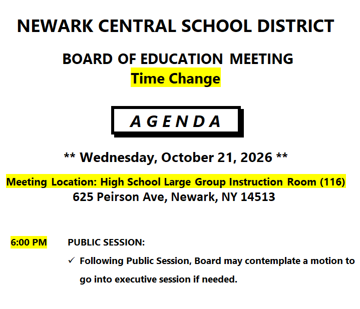 Board of Education Meeting TIME CHANGE - 10/21/2026 @ 6:00 PM
