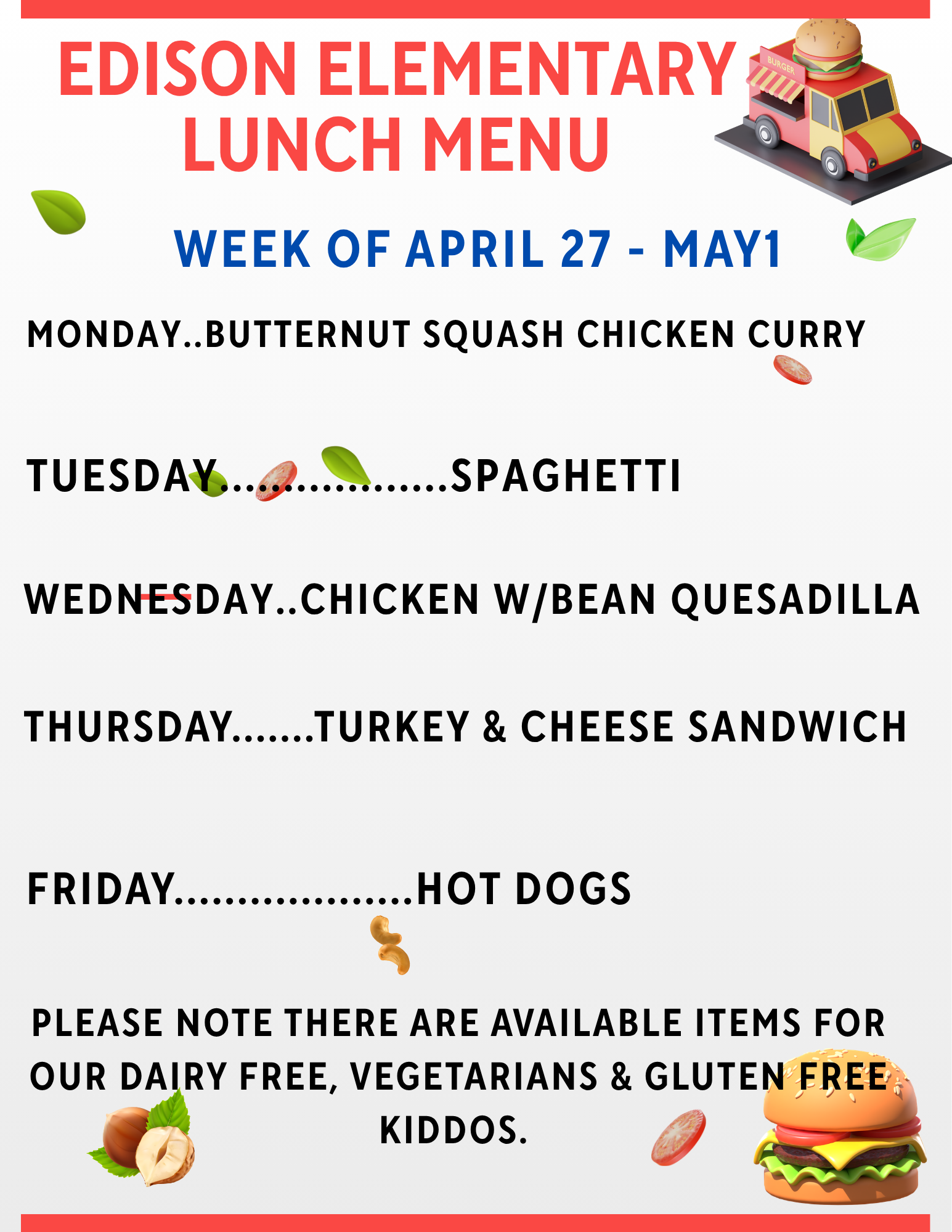 Lunch Menu for the week of April 27 - May 1