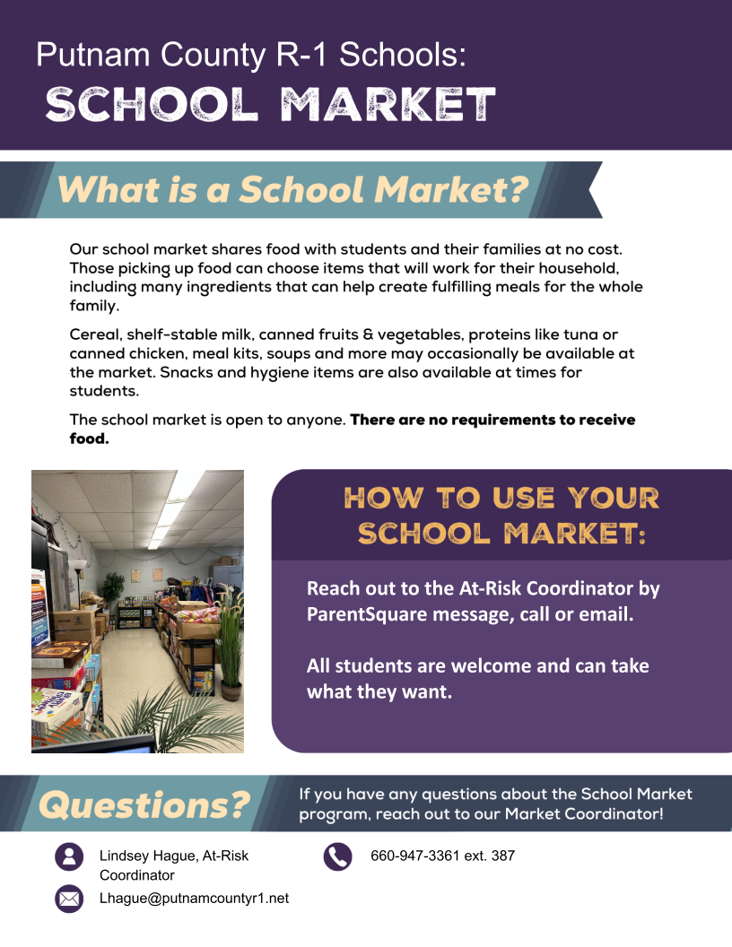 Did you know Putnam County R-I has a School Market available to our students and families?