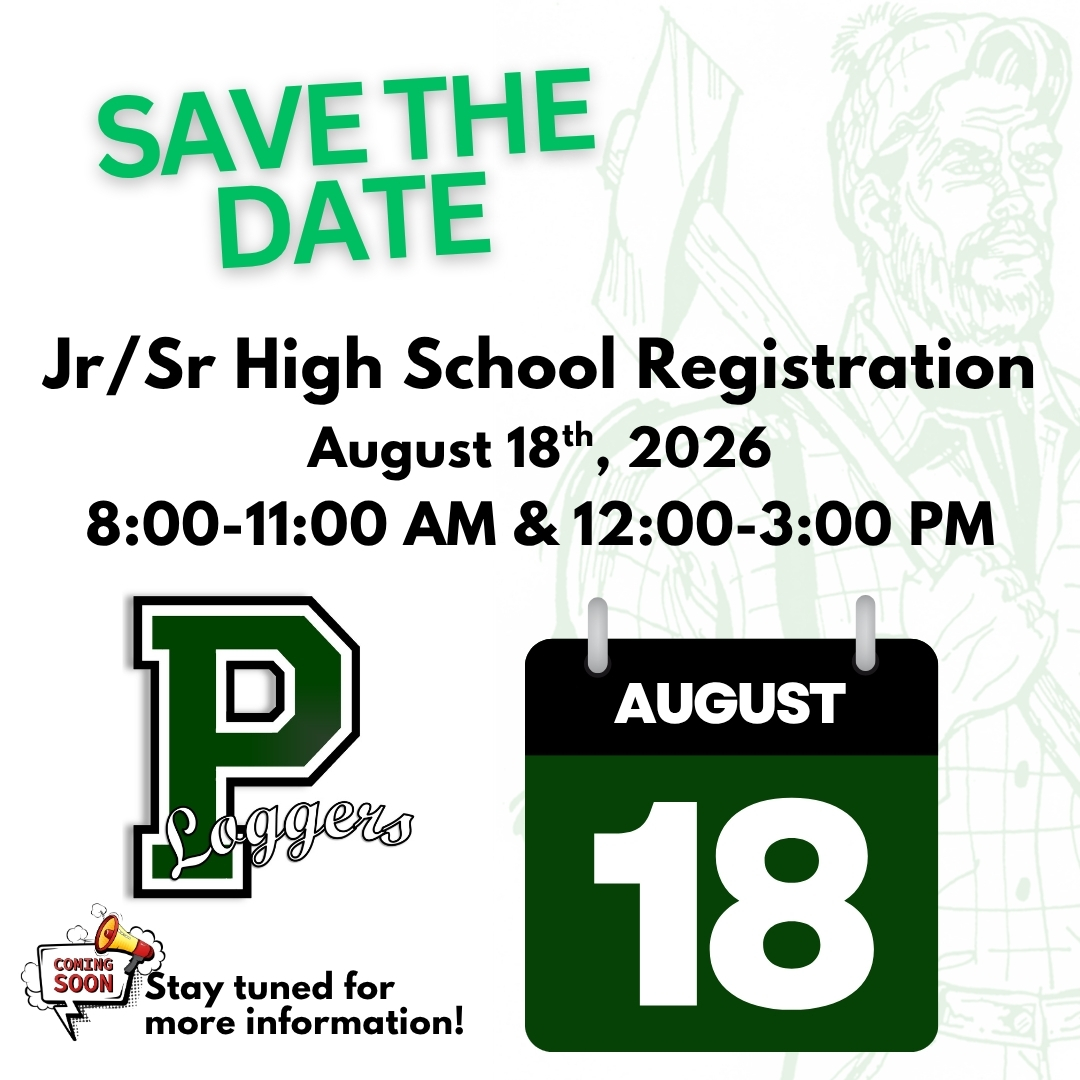 Save the date for Jr/Sr High School Registration on August 18th, 2026, from 8:00-11:00 AM and 12:00-3:00 PM.