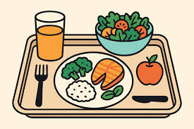 A cafeteria tray holds a healthy meal: grilled salmon, rice, broccoli, a side salad, an apple, and a glass of orange juice.