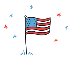 A hand-drawn American flag waves on a pole, surrounded by red and blue stars.