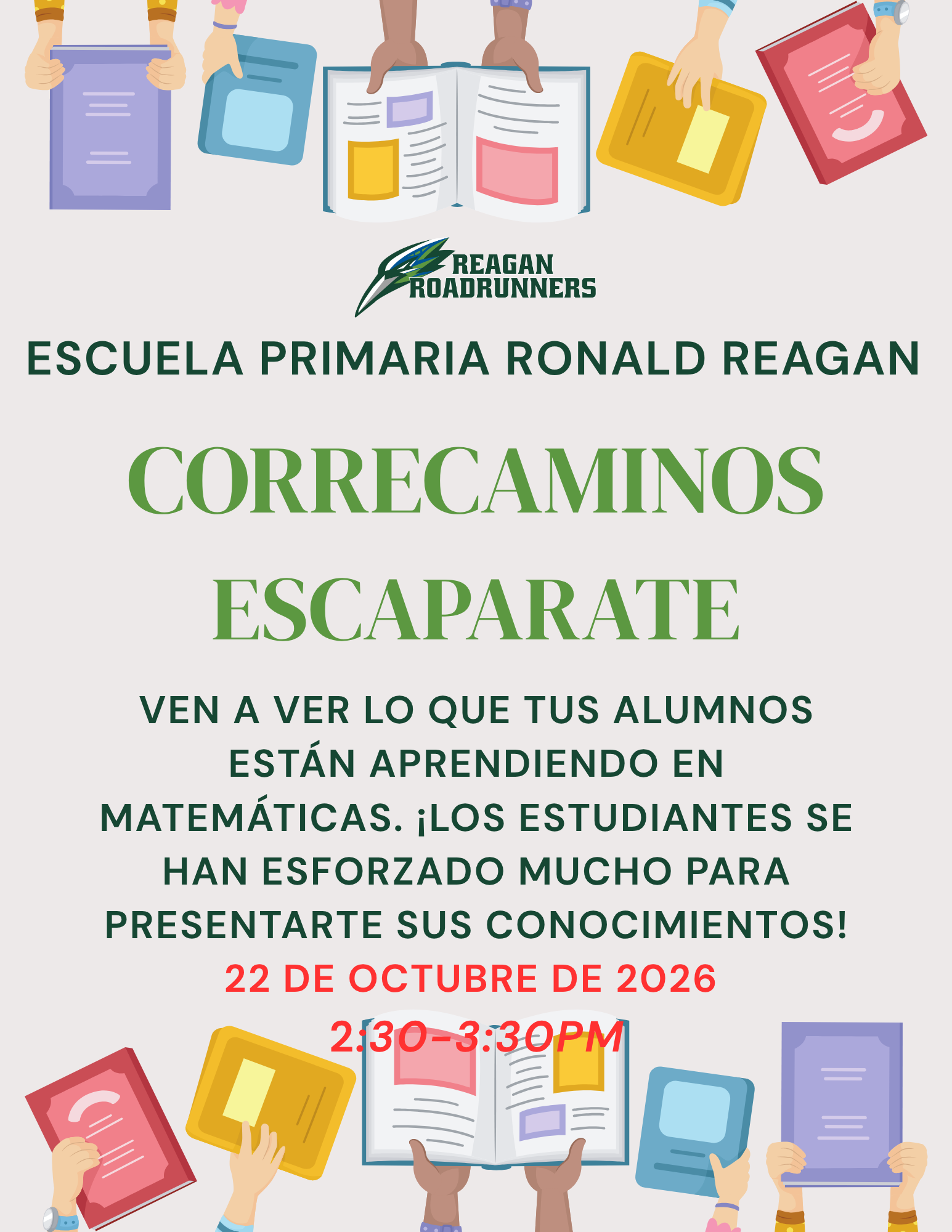 A flyer in Spanish for a Ronald Reagan Elementary School event on October 22, 2026, featuring illustrations of hands holding books.