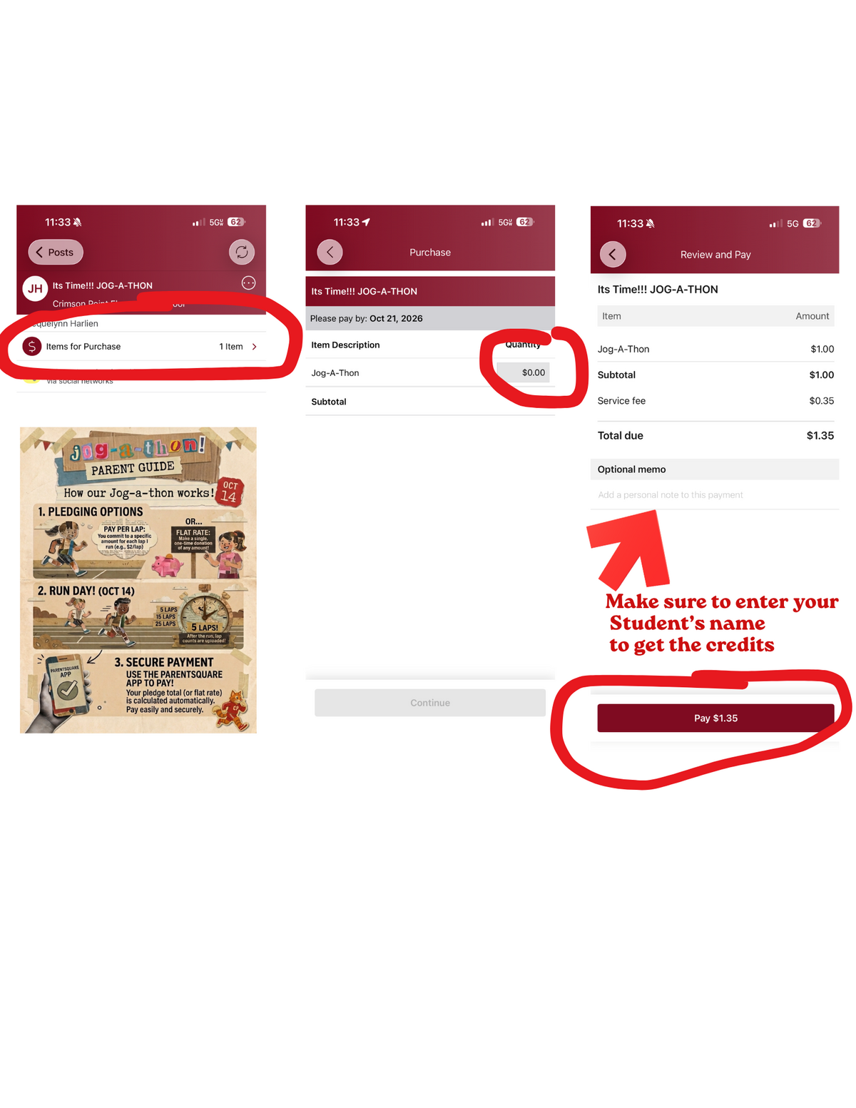 Three smartphone screenshots guide users through making a Jog-A-Thon payment, highlighting the items, quantity, and payment button.