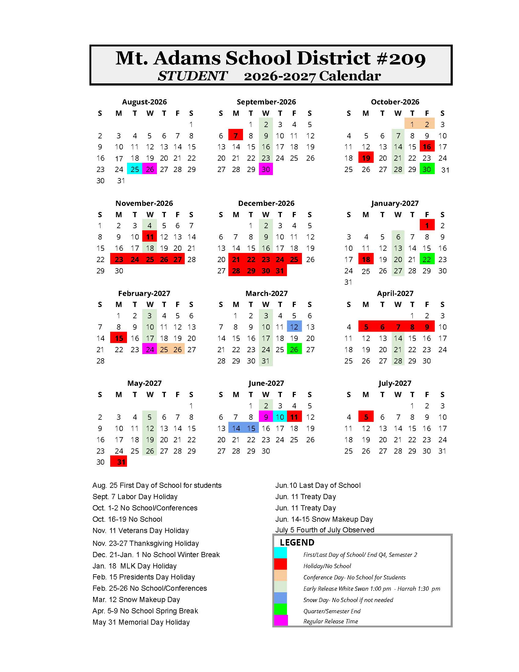 Student Calendar 2026-2027