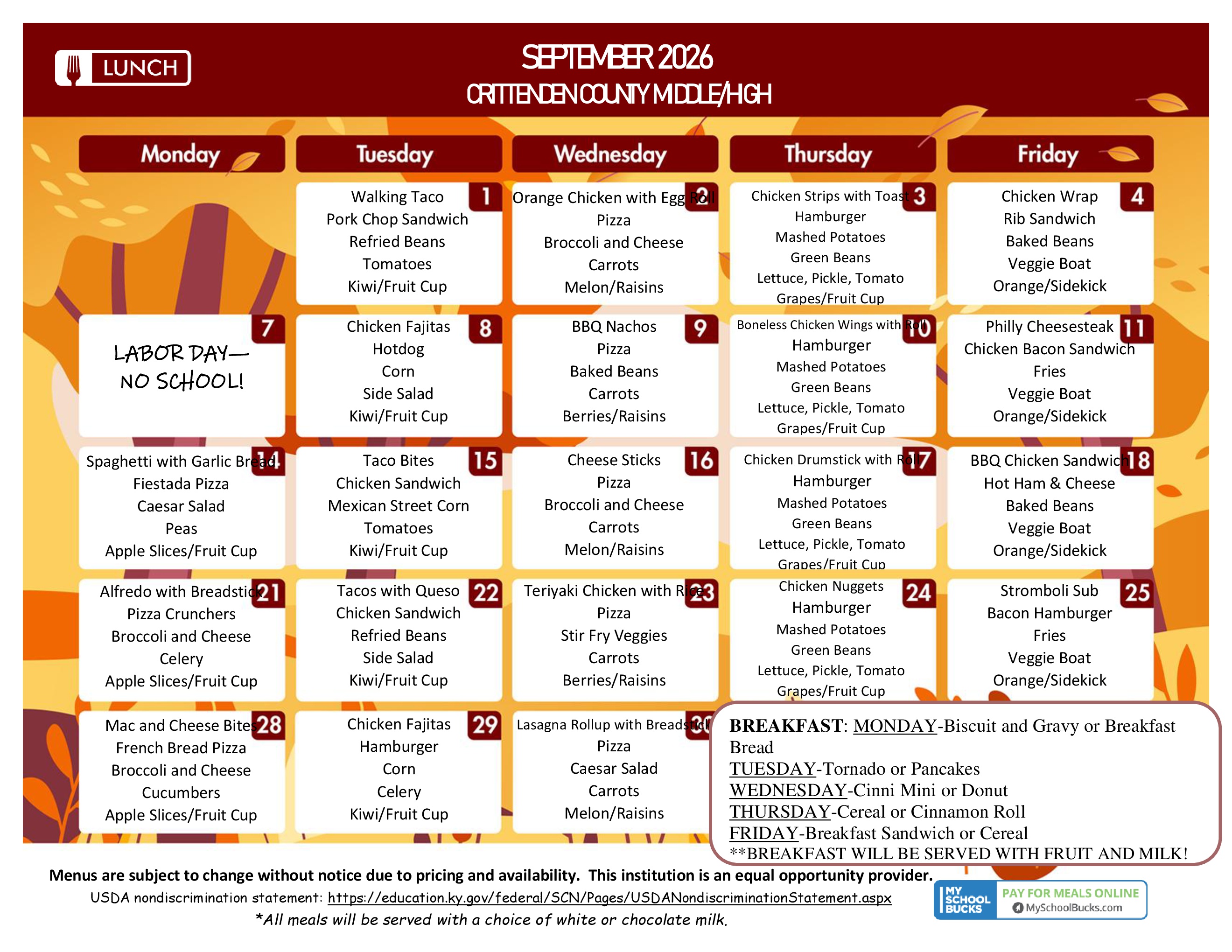 September menu CCMSHS