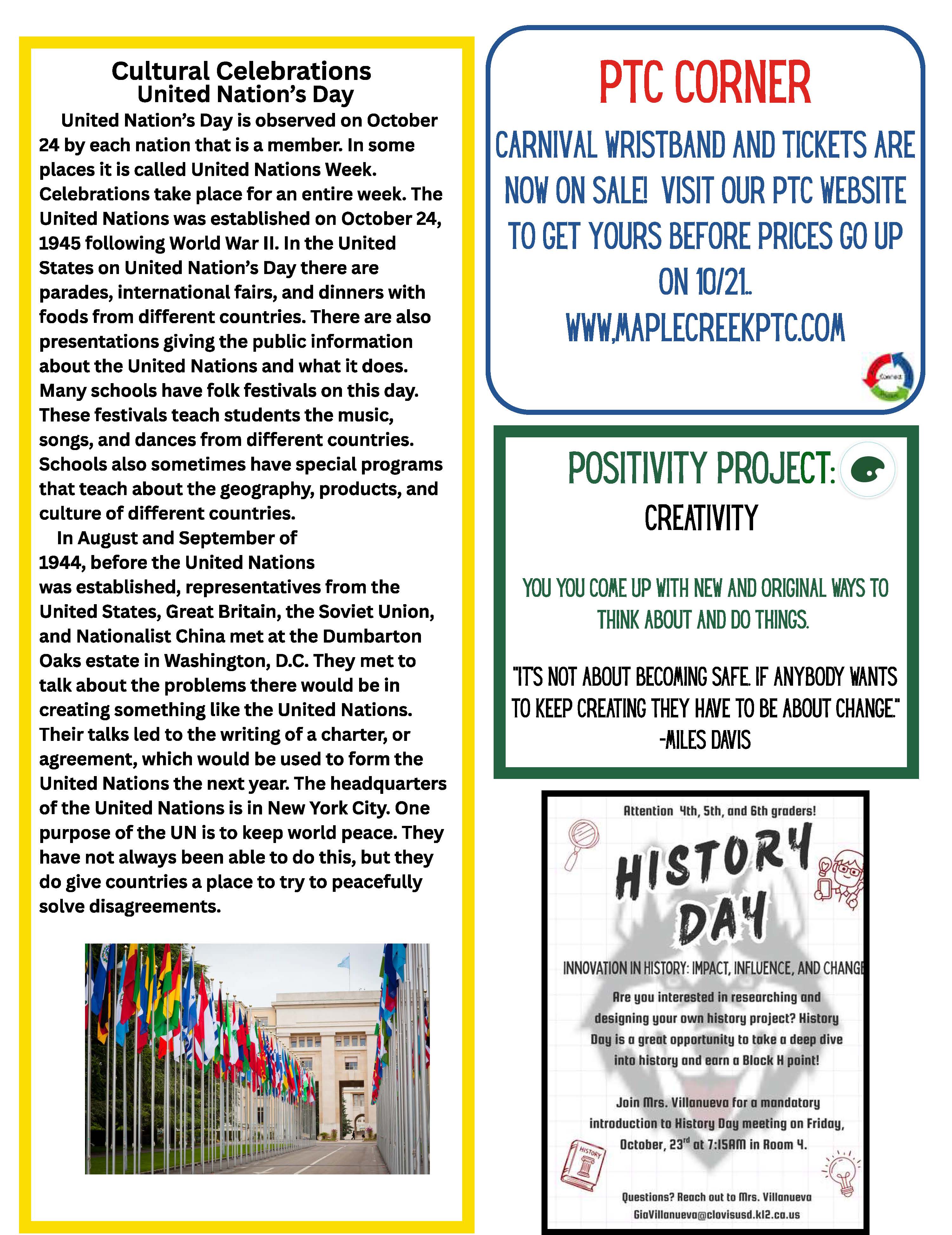 A newsletter page featuring information about United Nation's Day, carnival tickets, the positivity project on creativity, and History Day.