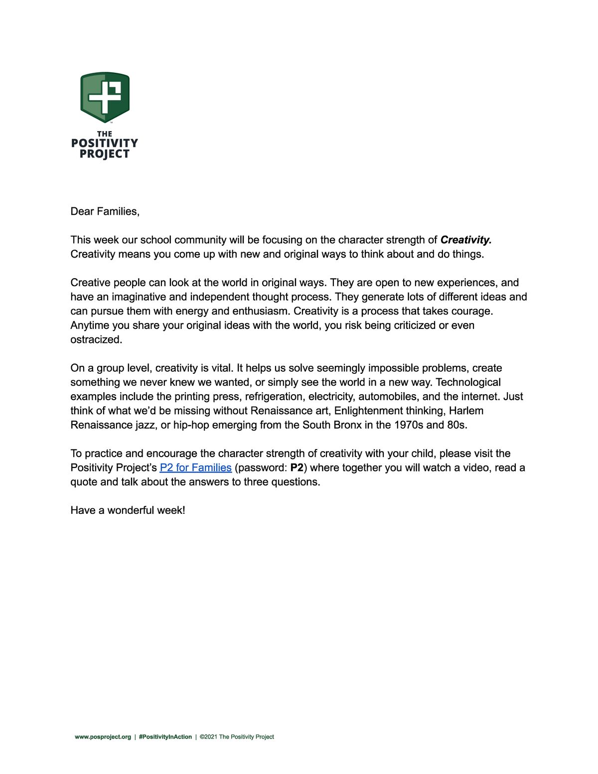 A letter from The Positivity Project introducing 'Creativity' as the character strength of the week.