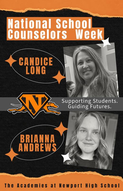 Poster celebrating National School Counselors Week at The Academies at Newport High School.